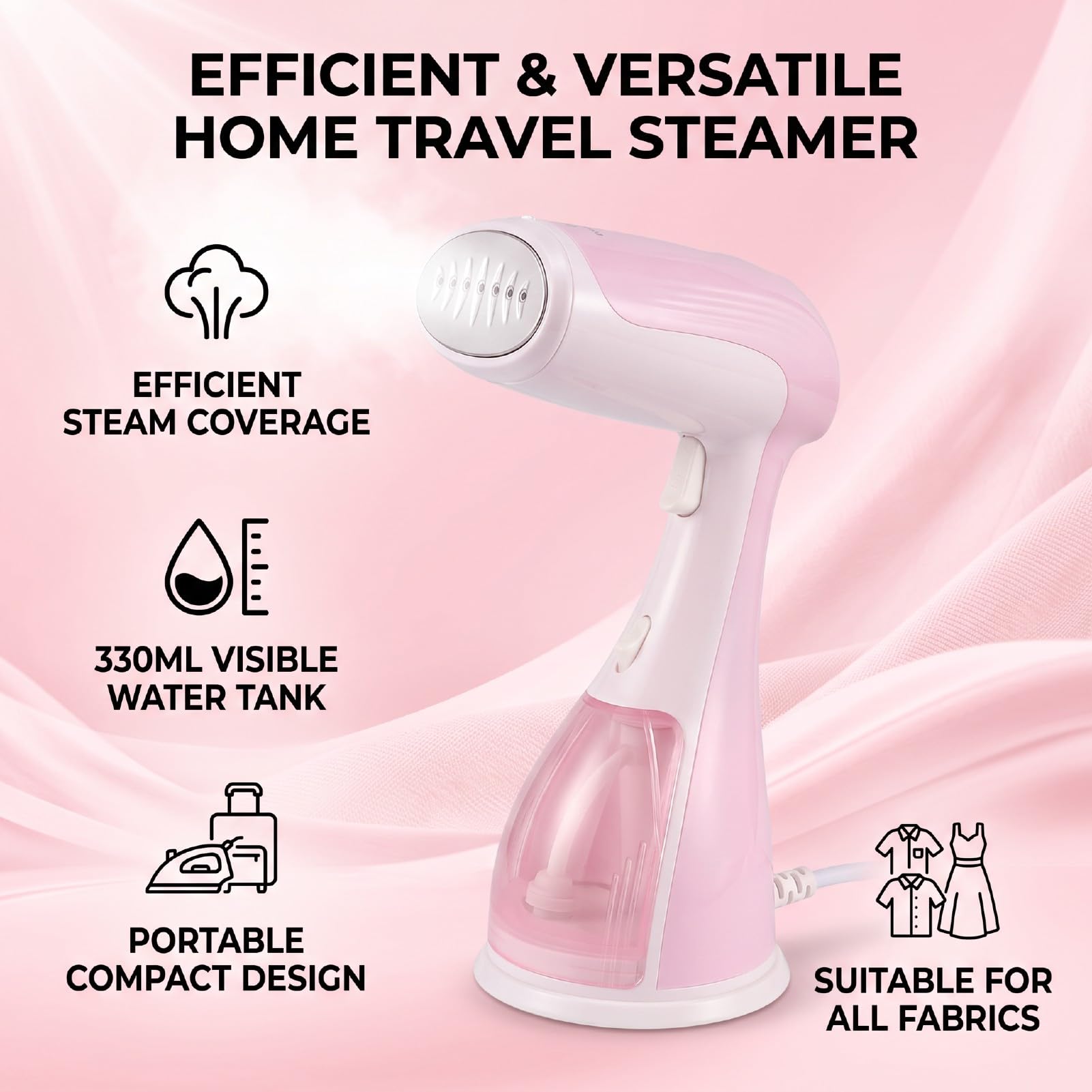 Naroote Rosa Handdampfbügeleisen 330ml durchsichtiger Tank Reise | Edelstahl Dampfplatte, 330ml Sichtbarer Tank, Reinigungsbürste + Messbecher, Kompakt Tragbar, für Seide Wolle Alle Stoffe