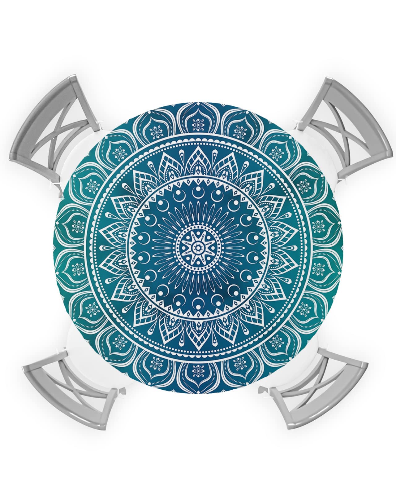 SEVENBABU Round Table Cover 55-60 Inch, Waterproof Reusable Table Cloth Round Fitted Vinyl Tablecloth with Elastic Edged for Parties Outdoors, Boho Style Mandala Pattern Green Gradient