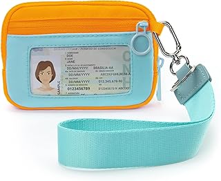 The Iris Wallet Zipper Mini Coin Purse Keychain ID Holder Wallet | Zip Card Case with ID Window Purses for Women Mini Portable Keychain Wallet, Blue and Yellow with Lanyard