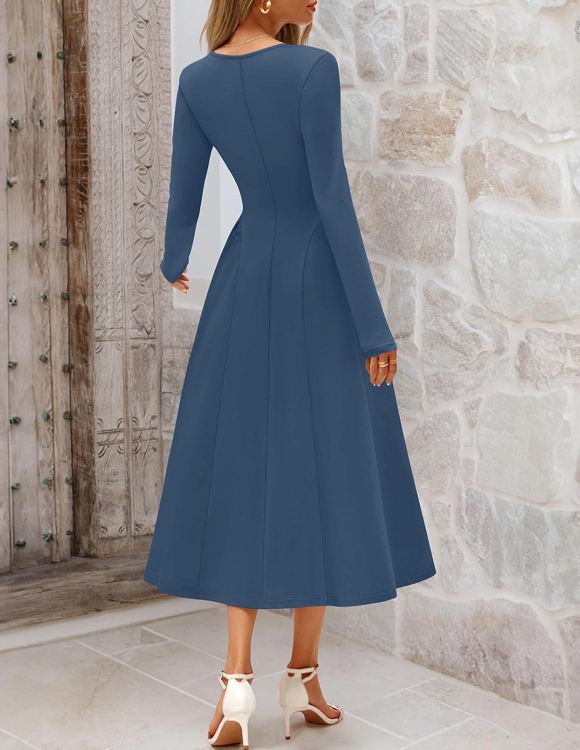 MEROKEETY Women's Long Sleeve Wedding Guest Dresses 2026 Fall Fashion Elegant Cutout A Line Midi Maxi Dress - Image 4