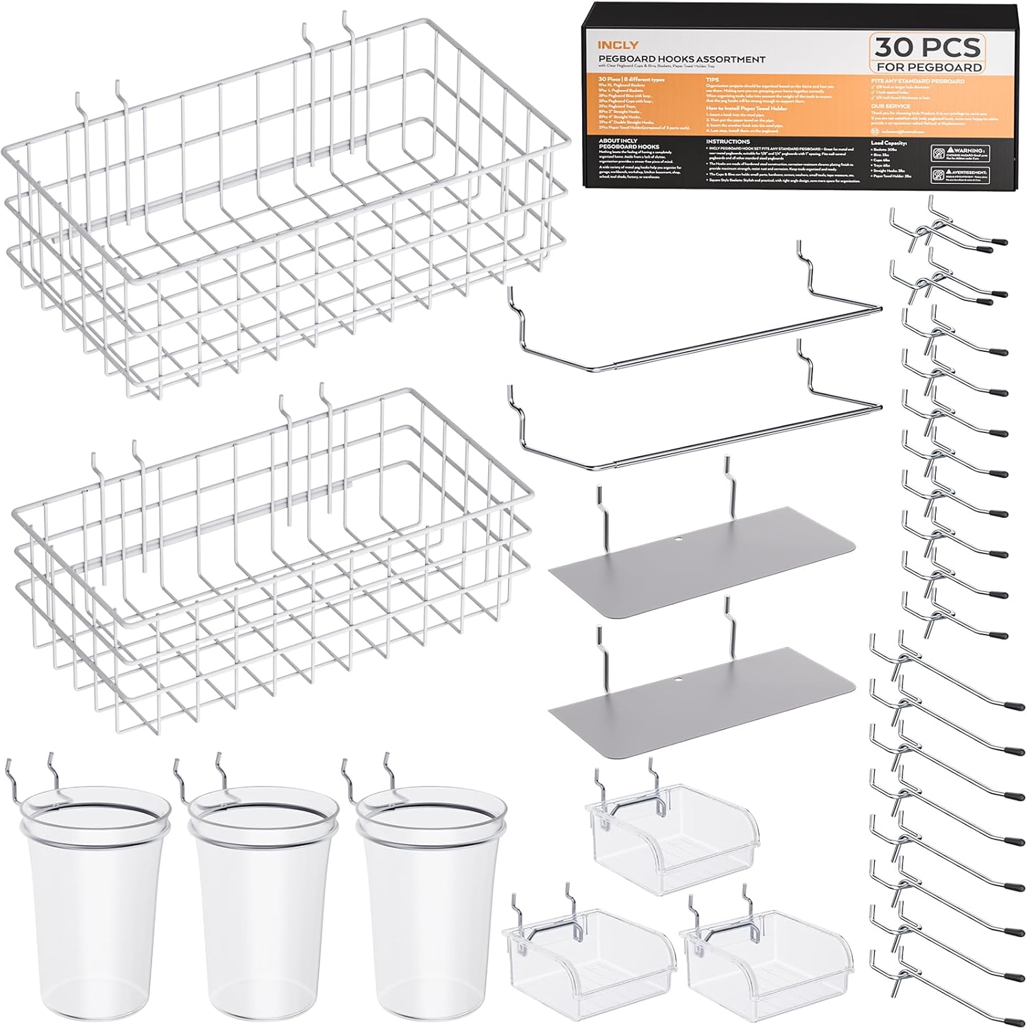INCLY 30PCS Peg Board Organizer Accessories Kit, Pegboard Hooks Assortment with Bins, Cups, Wire Baskets and Paper Towel Holder for 1/8“ and 1/4” Pegboard Garage Workbench Craft Room Organizing Tools Clear