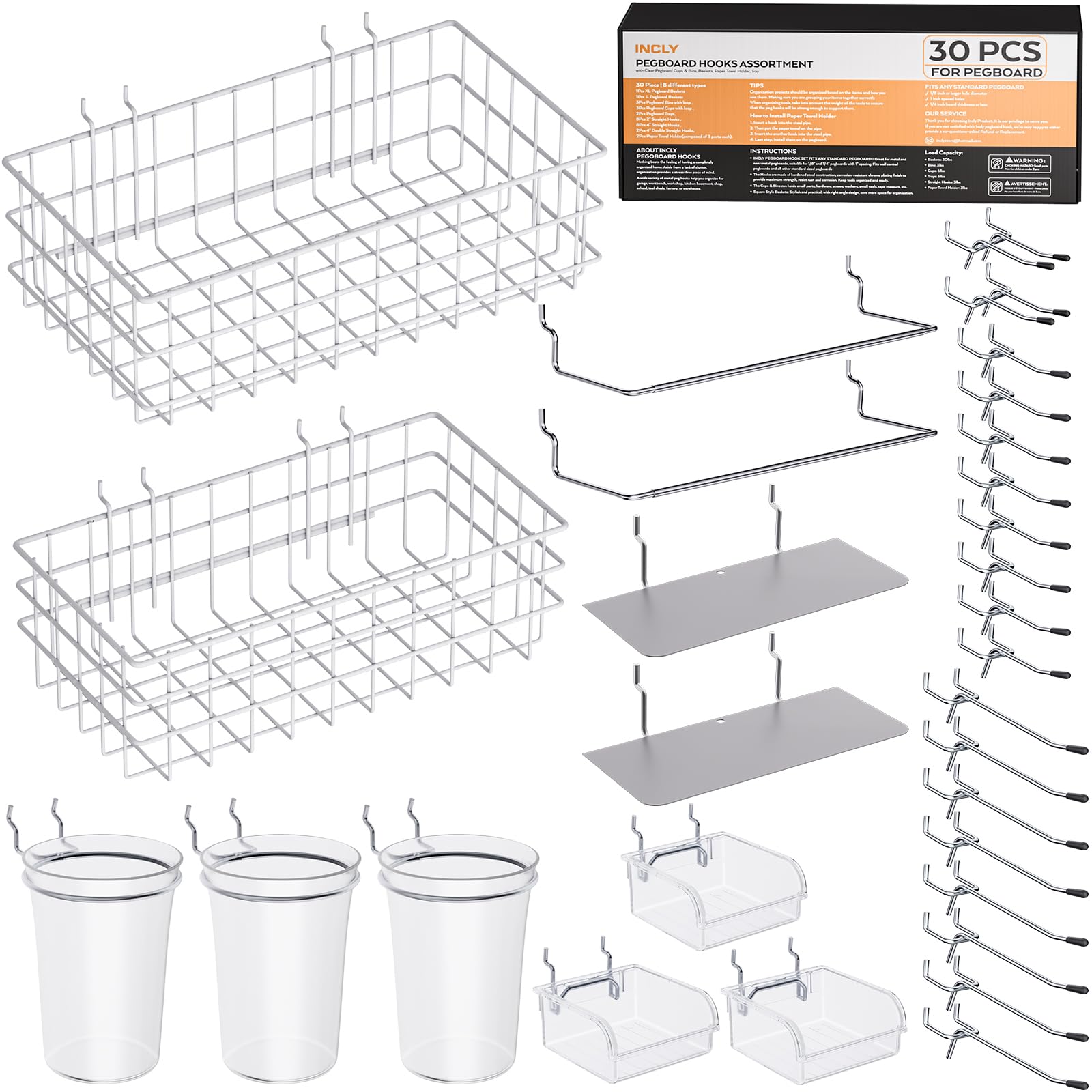 INCLY Kit di 30 accessori per lavagne forate, assortimento di ganci per pannelli forati con cestini, tazze, cesti in filo metallico e porta asciugamani di carta, per pannelli forati da 1/8" e 1/4
