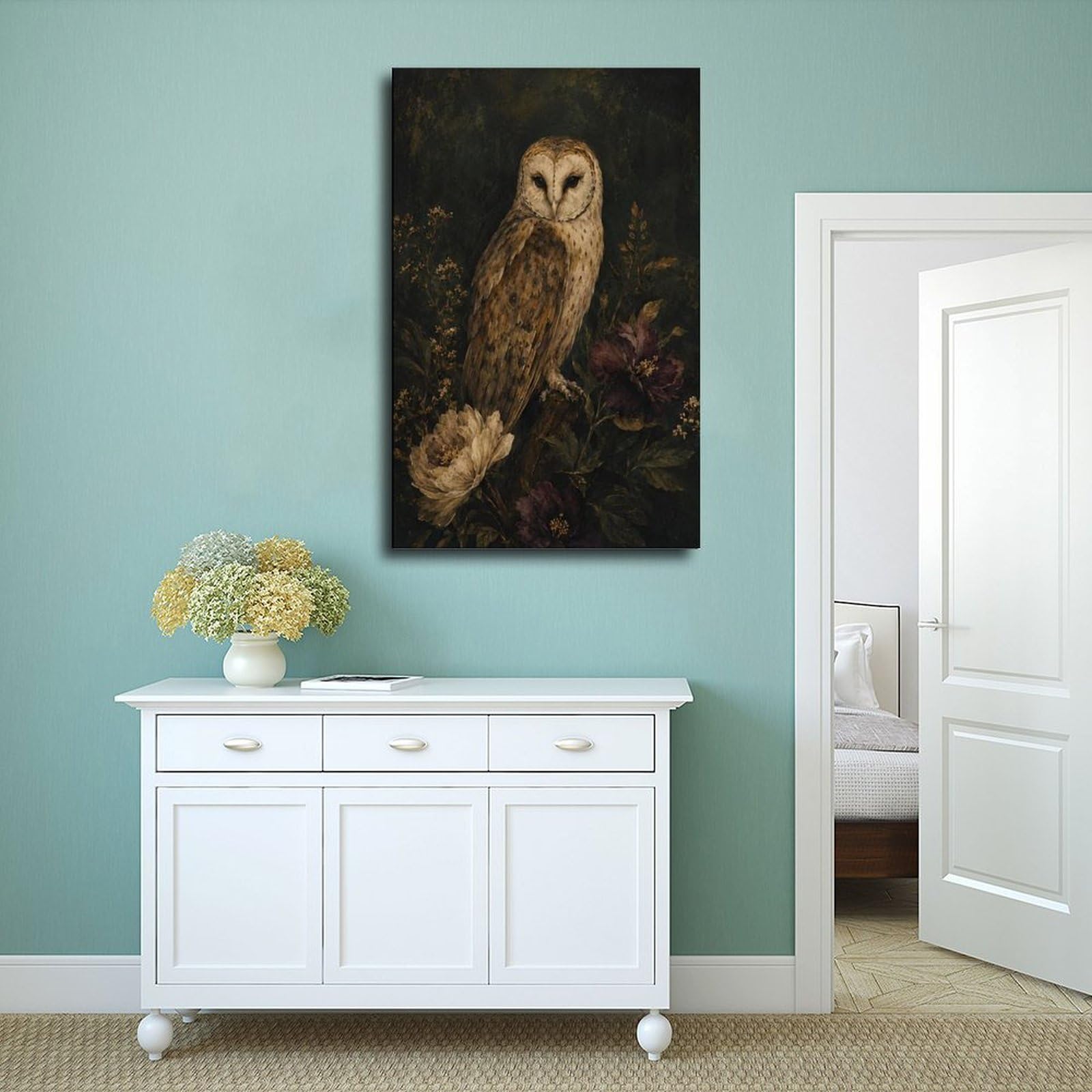 Poster di tela floreale scuro del barbagianni per il regalo della decorazione domestica | Stile cornice, diverse dimensioni, diversi stili di cornice, arte da parete, immagine decorativa, decorazione per la casa