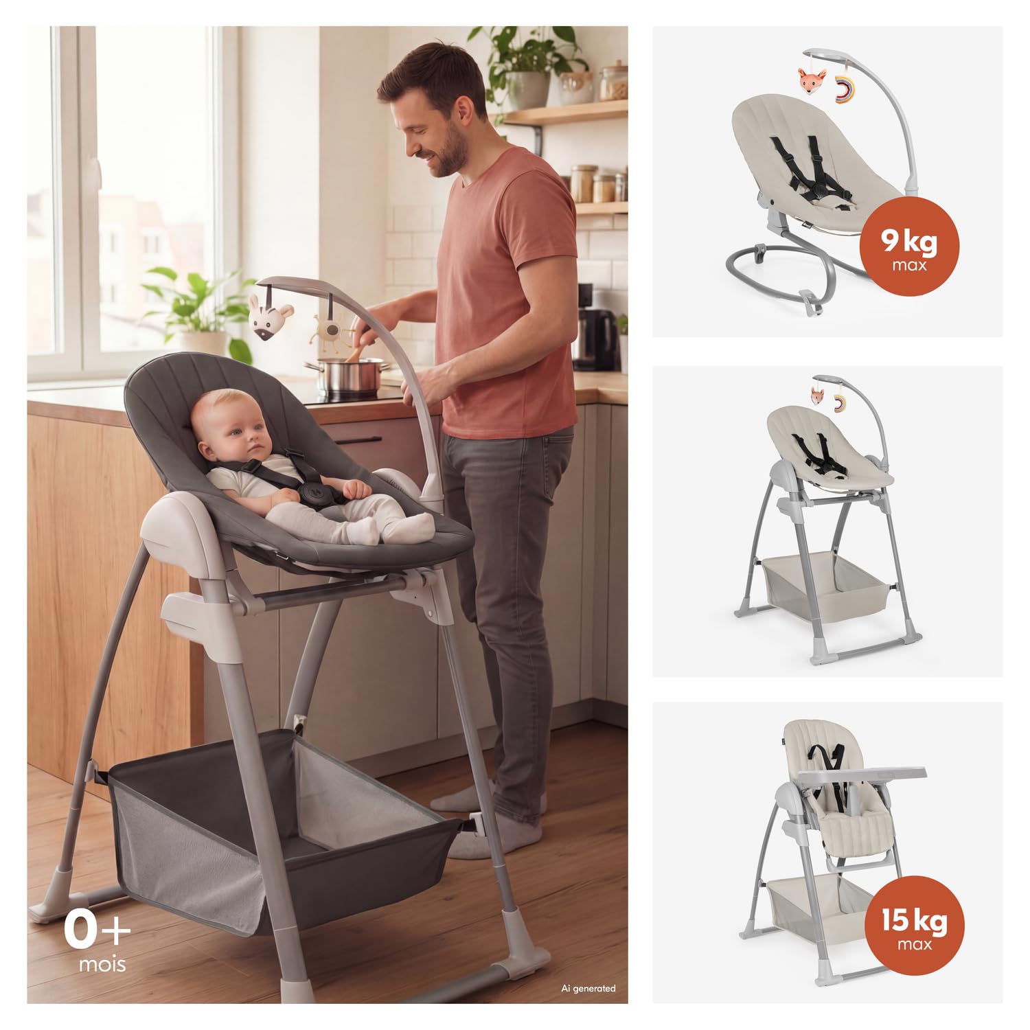 hauck Chaise Haute Bébé Evolutive Sit N Relax 3 en 1 – dès Naissance jusqu'à 15 kg, Transat Bebe, Balancelle, Arche de Jeux, Tablette Repas, Roues, Panier, Réglable en Hauteur, Pliable - Beige