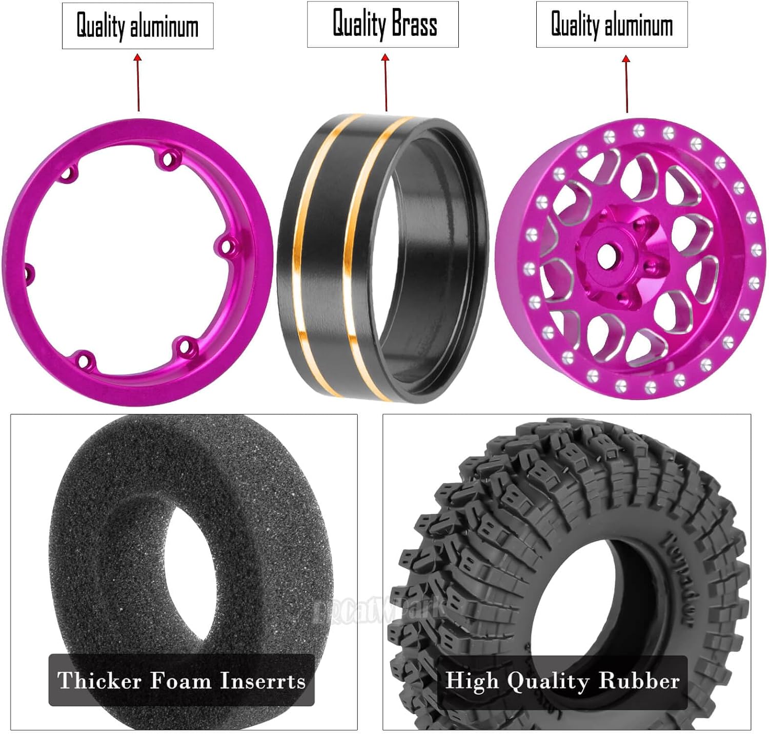 RC 1.3 Beadlock Wheels and Tires for 1/18 TRX4M 1/24 SCX24 FCX24 RC Crawler Car,4pcs RC 1.3 in Brass Rims & Aluminum Beadlock Wheels Rims and Tires,Pink