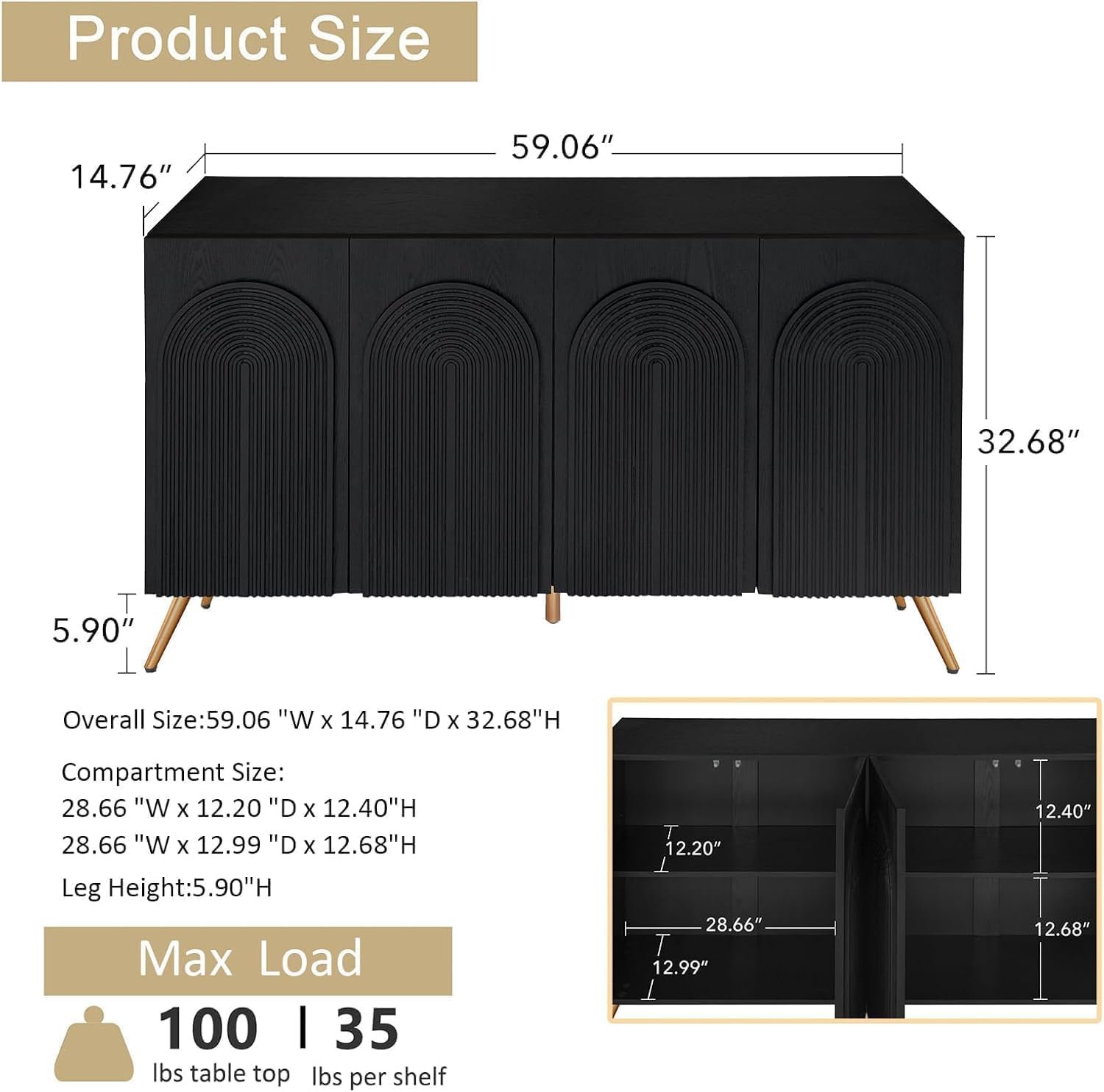 59" Modern Sideboard Buffet Cabinet,Large Fluted Storage Cabinet with 4 Press-to-Open Doors and Arch Carving Lines,Wood Console Coffee Bar Table for Living Room Black