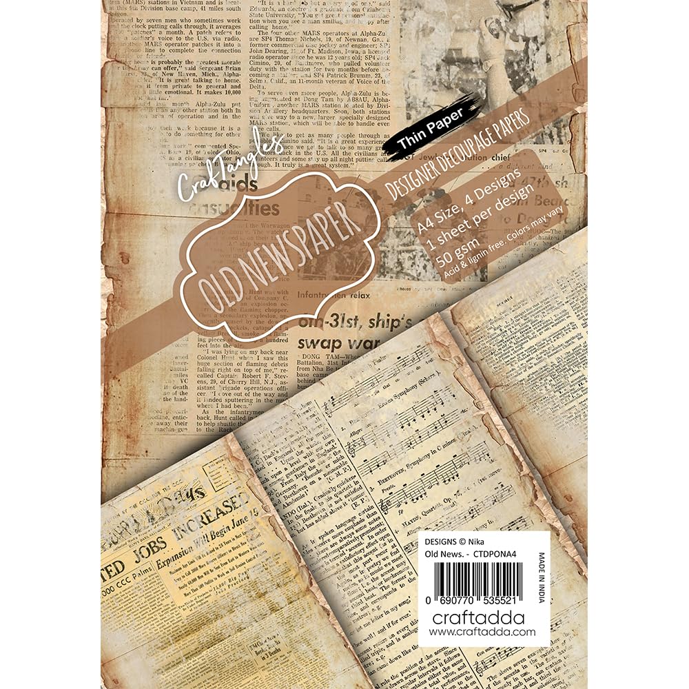 CrafTangles Decoupage Paper Pack - Old Newspaper (A4) - 4 sheets 1
