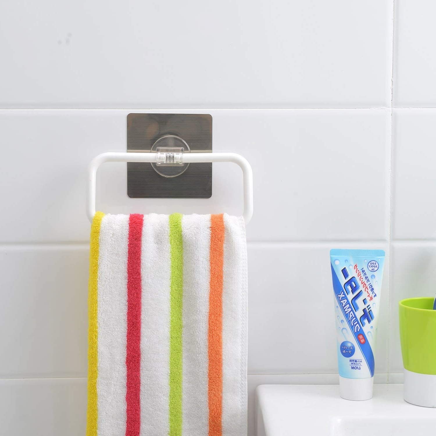 Zeinwap Self Adhesive Magic Sticker Series Plastic Towel-Napkin Holder Ring for Bathroom, Kitchen, Wash Basin (White, Pack of 1) 2