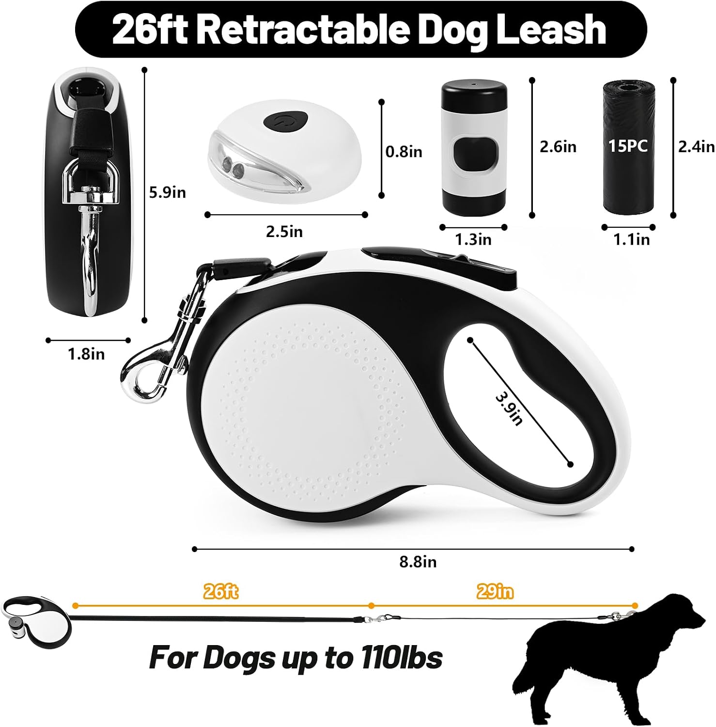 26ft Heavy Duty Retractable Dog Leash for Large Dogs, Dog Leash with Poop Bag Holder, Up to 100lbs, With LED Light, Chew Proof Cable, One-Handed Pause & Lock, 360° No Tangle. (White+, 26Ft)