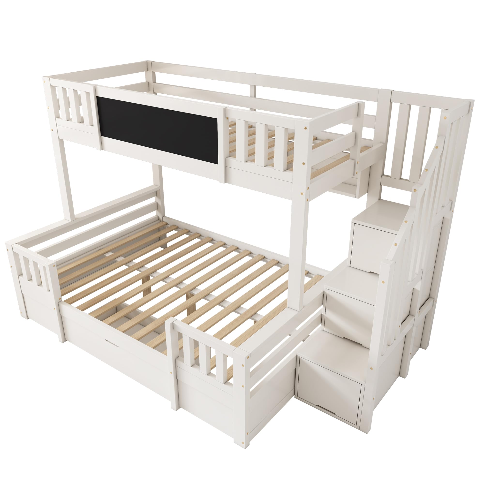 Letto a castello per 3 bambini, 90 x 200 e 140 x 200 cm, in legno massello con lavagnetta, scala di archiviazione, 2 cassetti e armadio scaletta, letto a soppalco/letto a castello per ragazzi
