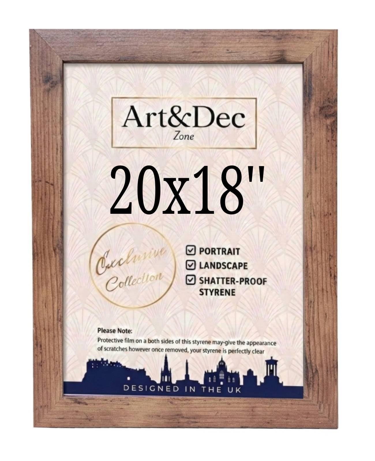 Art & Dec Zone® Vintage-style Rustic MDF Picture Frame 20x18 Inch – High-Clarity Shatter-Proof Acrylic Poster Holder for Modern Wall Decor