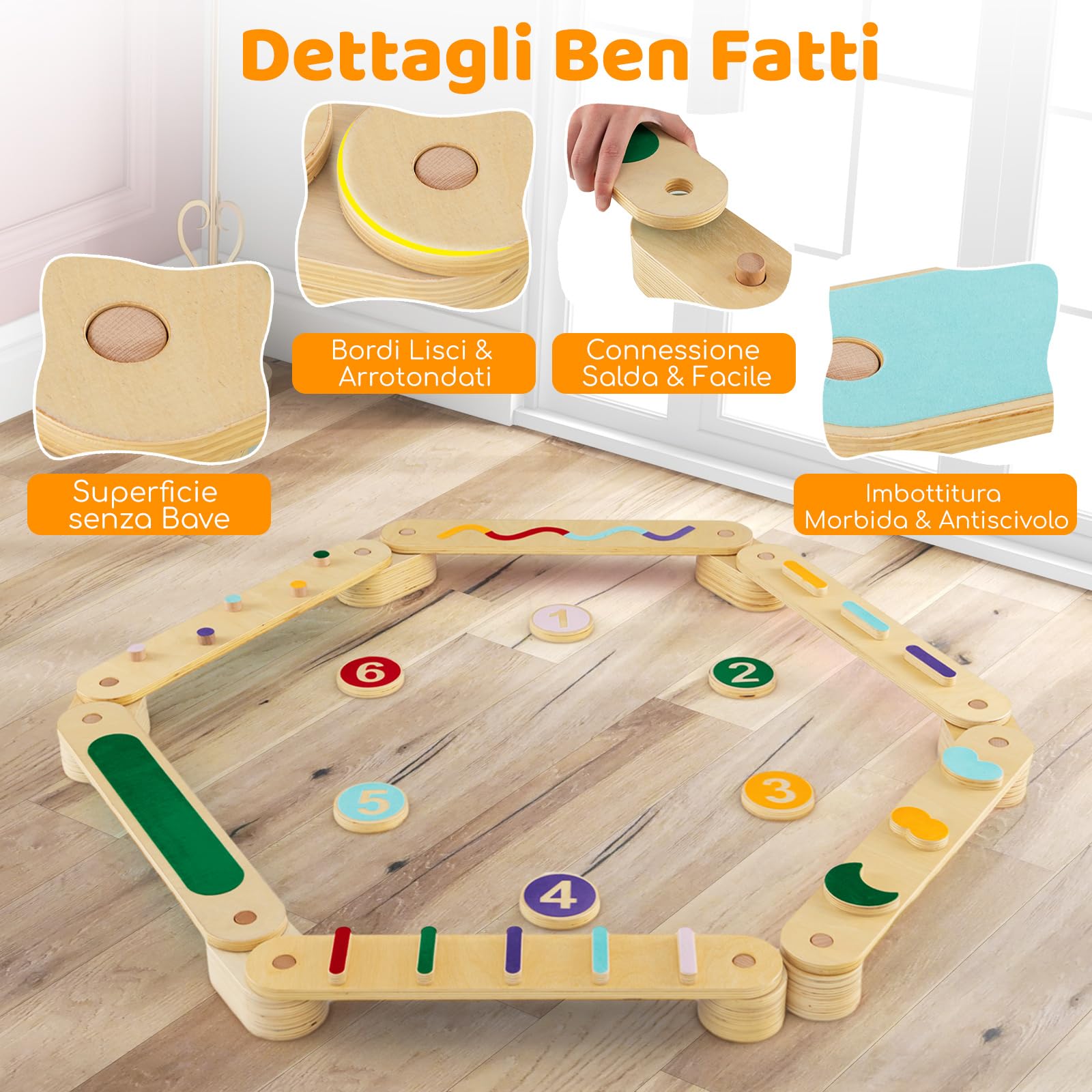 COSTWAY Trave di Equilibrio per Bambini, Giocattoli Montessori in Legno con Pietre di Passaggio, per Allenamento Sensoriale e Bilanciamento per Bambini 1 Anni+