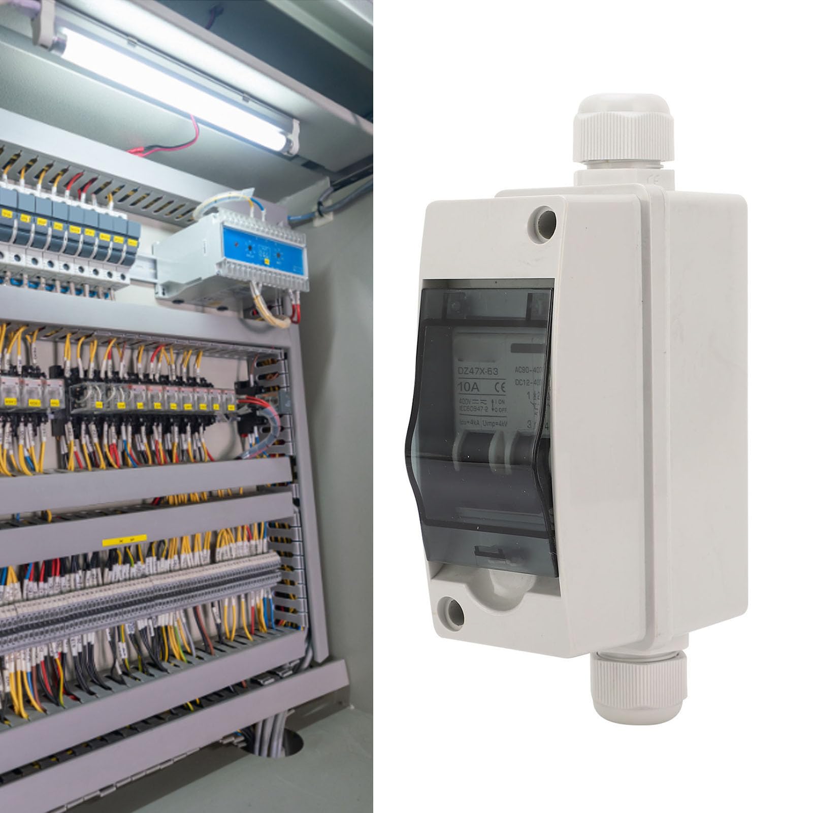 Sezionatore solare e interruttore automatico miniaturizzato da 10 A per impianti fotovoltaici - DC 12-400 V e AC 90-400 V - Custodia impermeabile IP65 con guida DIN e
