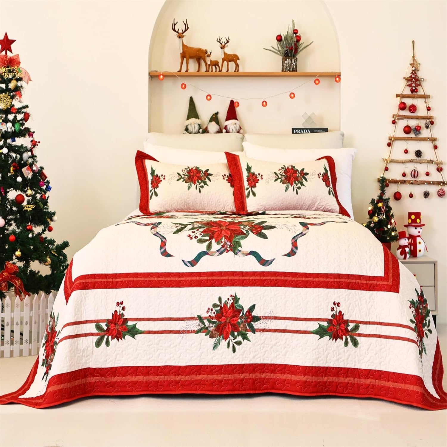 EVENHUG Queen Size Quilt Christmas Theme Bedding Set with Pillow Shams Reversible Red Floral Bedspread Coverlet Lightweight Christmas Holiday Bed Cover for Bedroom Home Decoration (92