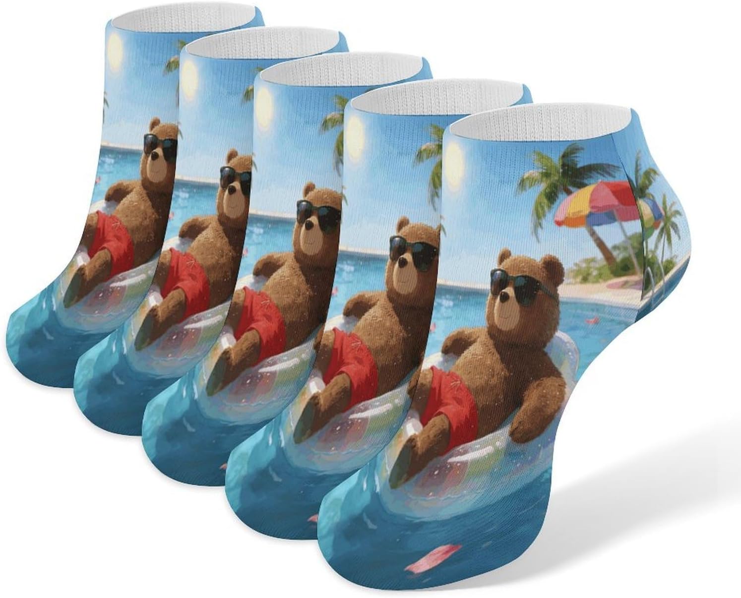 Little Bear's Swimming Pool Ankle Socks for Men Women 5 Pairs