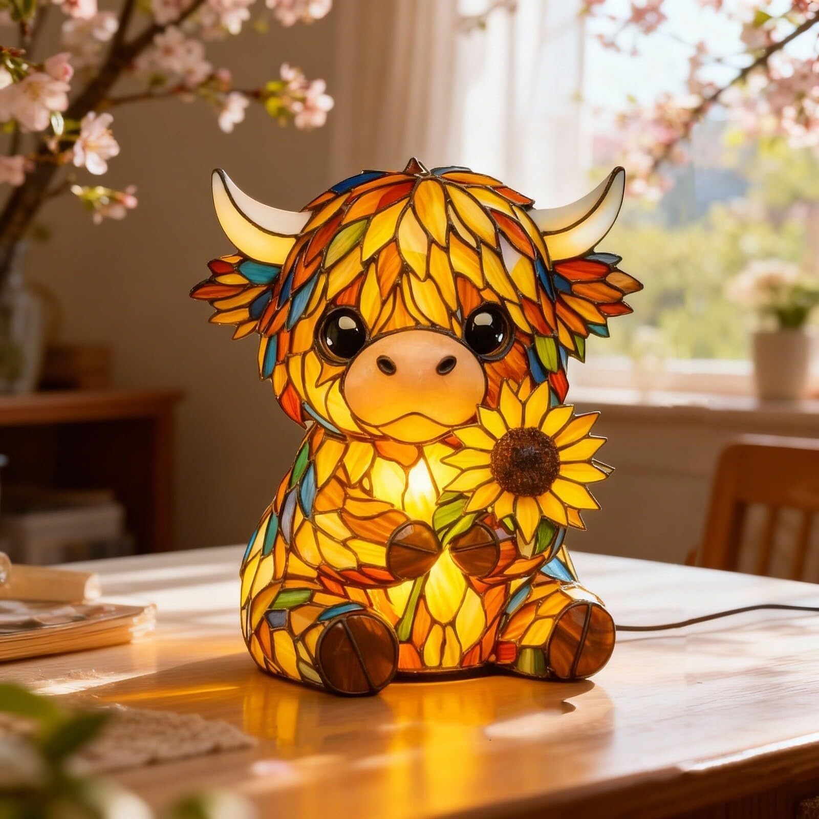 JingNian Highland Cow Lamp 3D Resin Night Light Warm LED Table Lamp 15cm