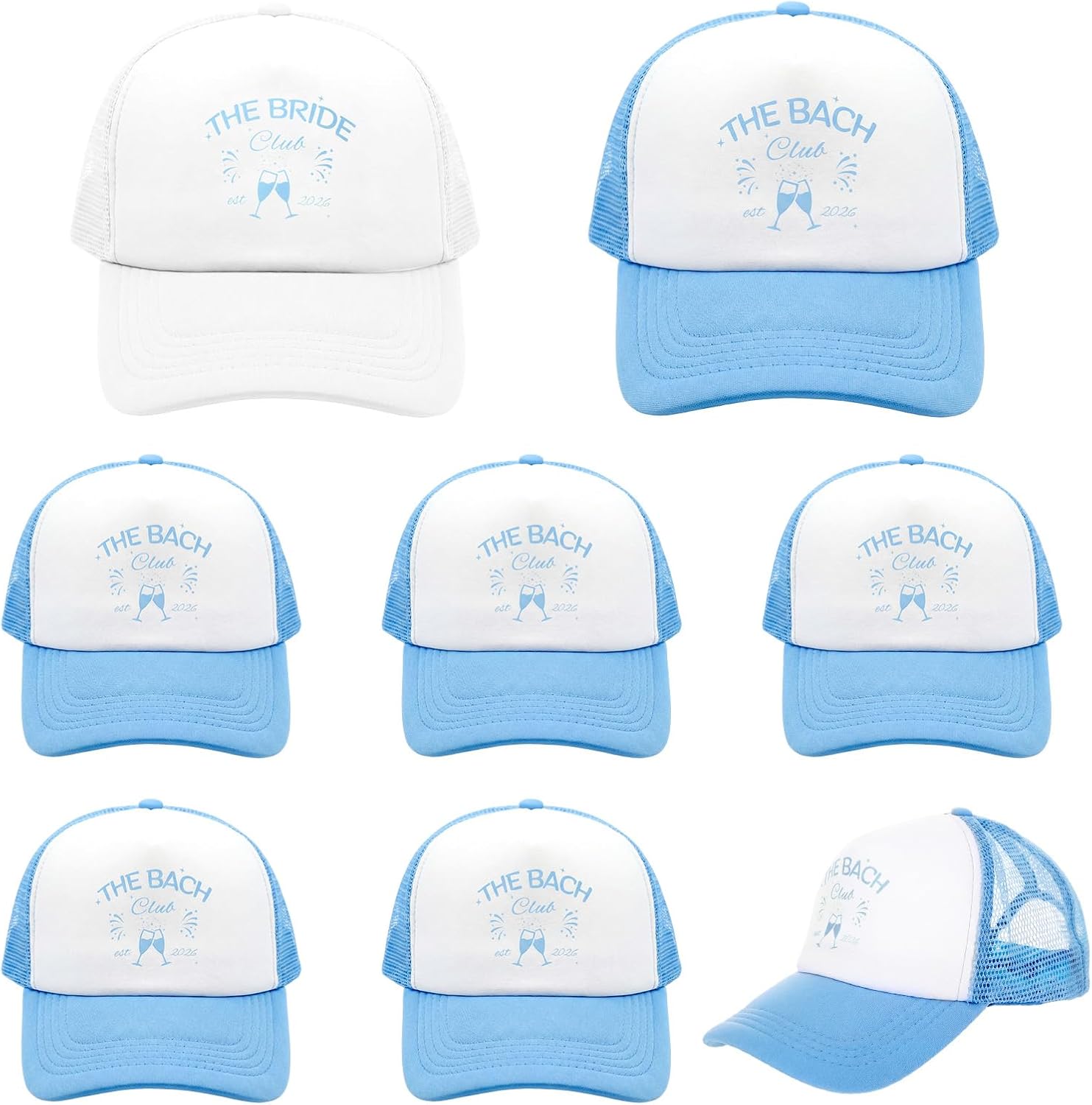8 Pack Bachelorette Hats, 1 Bride Hat & 7 The Bach Club Trucker Hat, Bachelorette Party Accessories Bridal Bridesmaids Gifts