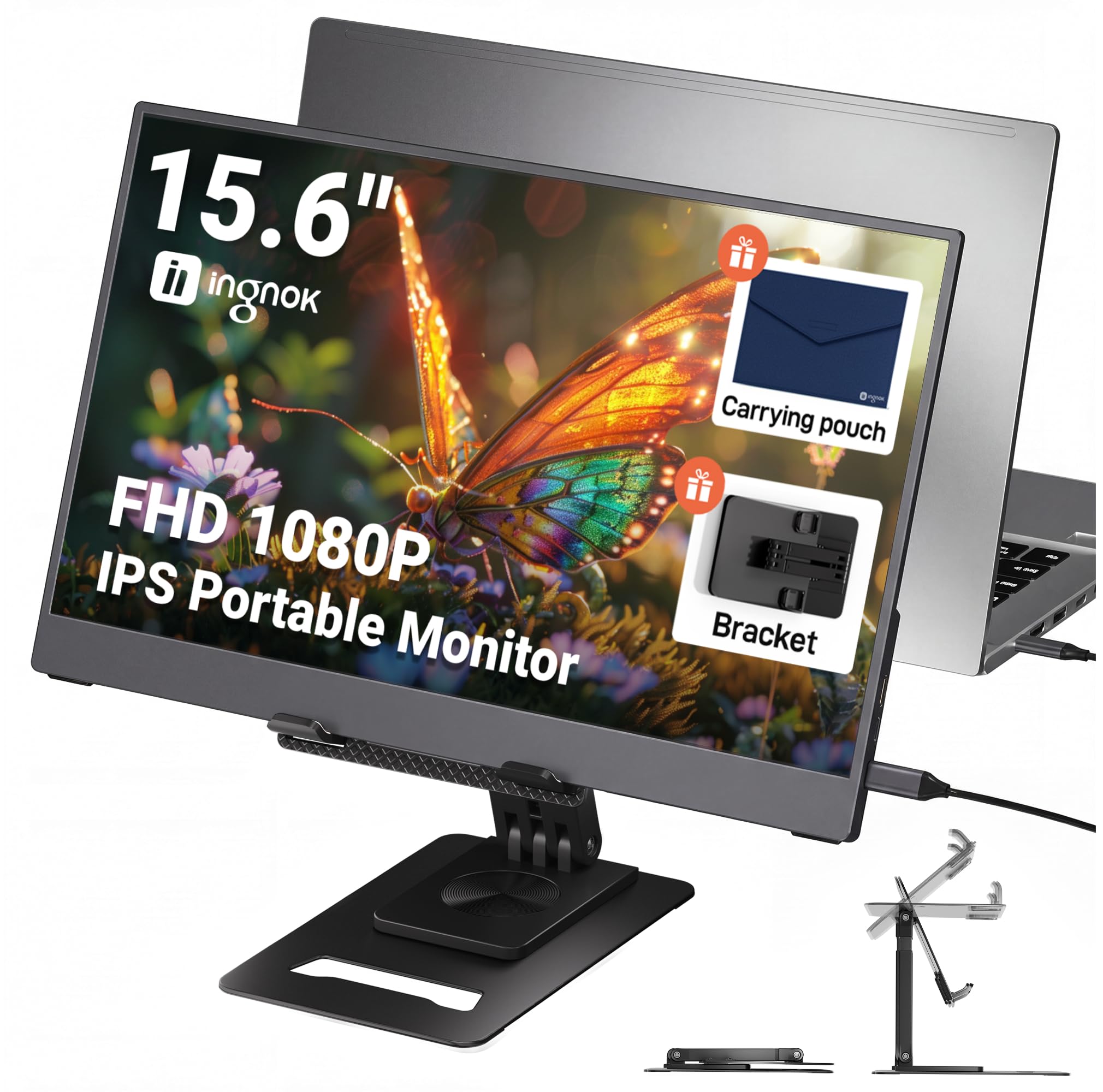 Ingnok Tragbarer Monitor 15,6 Zoll, FHD 1080P IPS Portable Monitor for Laptop mit Einer StüTze, Ultra-DüNner Mobile Monitor, Zweitbildschirm Laptop/PC/Mac/Ps3/4/5/X-box- USB C & Hdmi Anschluss