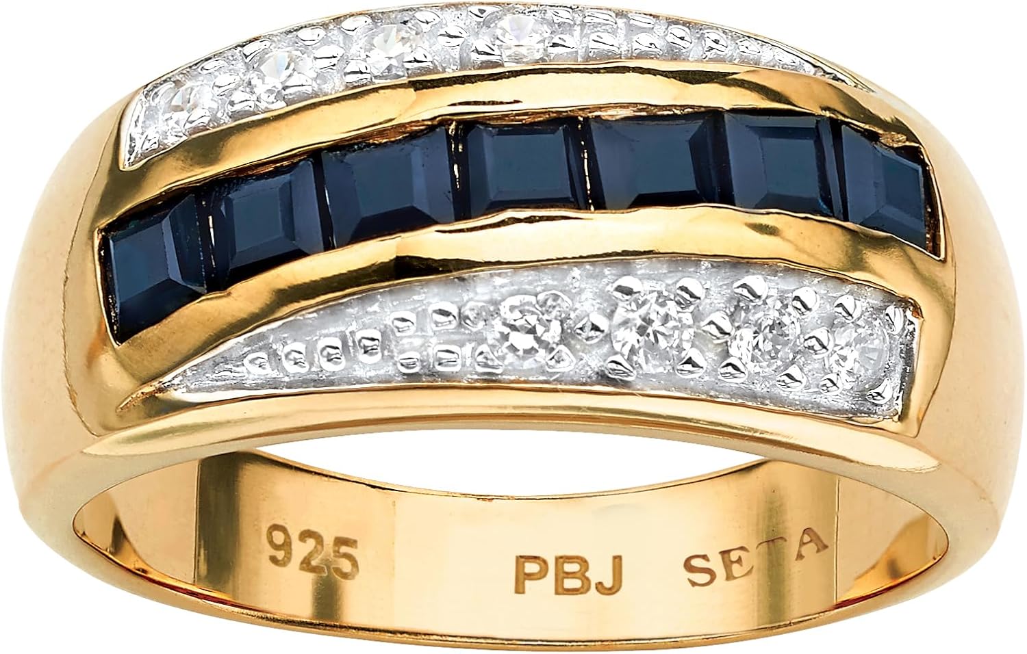 Palm Beach Jewelry Men's 18K Yellow Gold over Sterling Silver Square Cut Genuine Blue Sapphire and Round Cubic Zirconia Ring