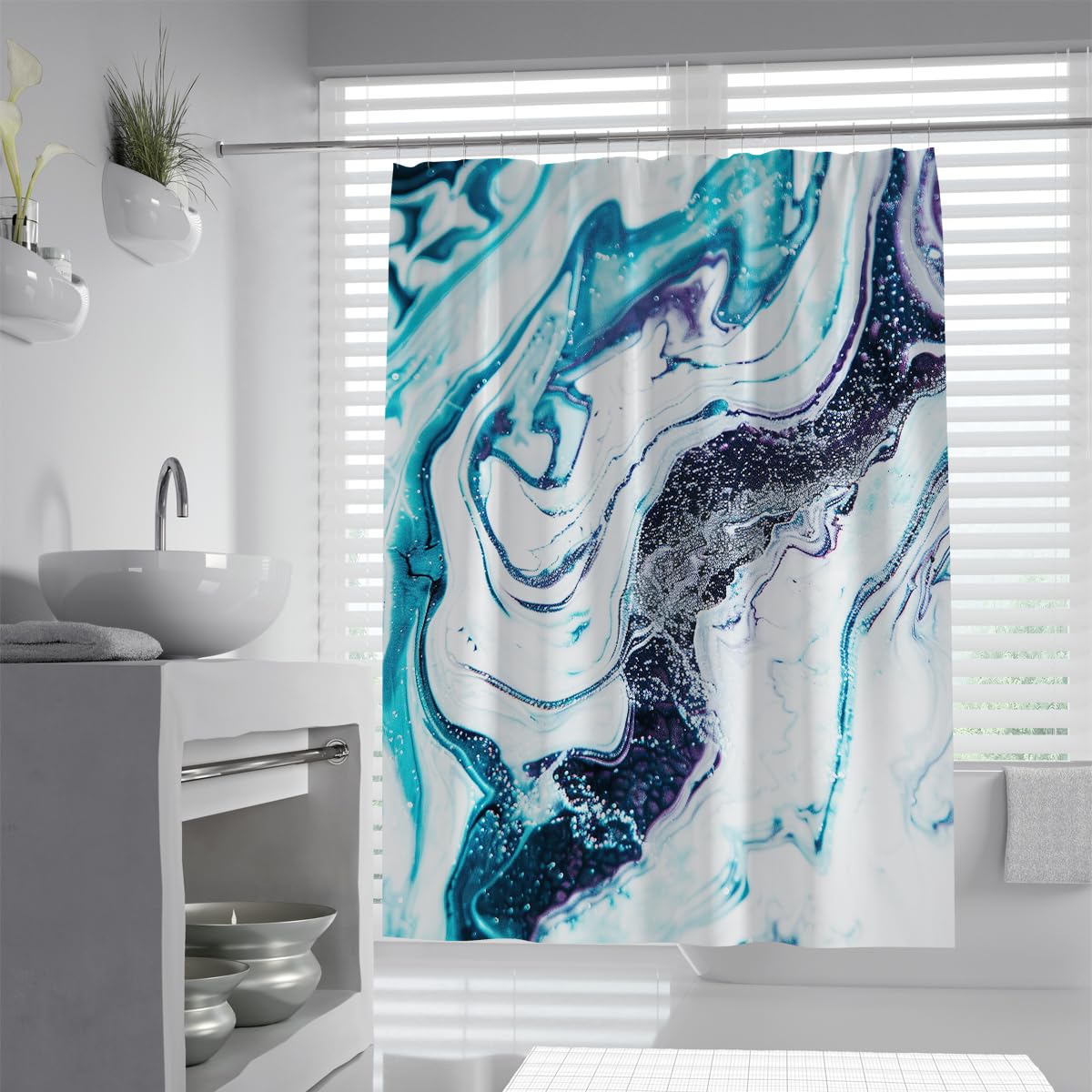 UIRINGART Fluid Art Shower Curtain W200xL220cm Modern Mint Turquoise Deep Purple Marble Liquid Inks Mildew Mould Resistant Polyester Fabric Room Bath Curtains