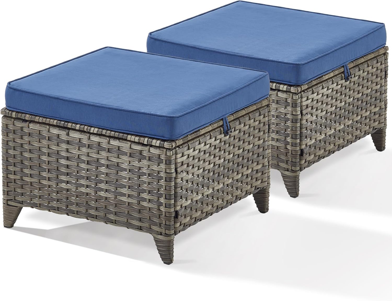 Patio Ottomans Set of 2 Wicker Ottomans PE Rattan Footrests Footstools with Water Resistant Cushions for Garden Balcony Sunroom Poolside, Grey Wicker|Blue Cushions, Ottomans(2PCS)