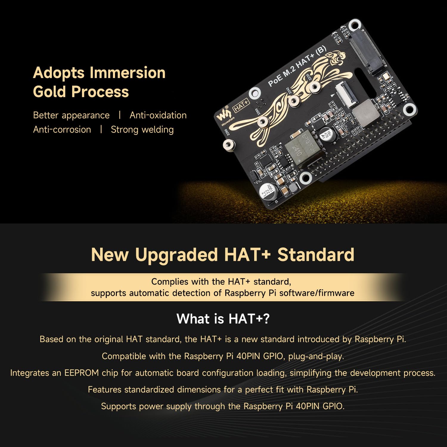 Waveshare PCIe to M.2 Adapter with PoE Function HAT+ (B), Compatible with Raspberry Pi 5, Supports POE NVMe Drive Protocol 2230/2242 / 2260/2280 M.2 Solid State Drive, High-Speed Reading/Writing