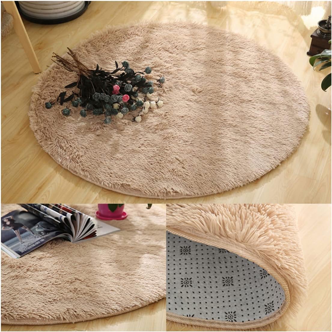 Fluffy Warm Thick Round Rug Soft Kid Room Plush Carpets for Living Room Bedroom Home Decor, lightTan, 140x140cm