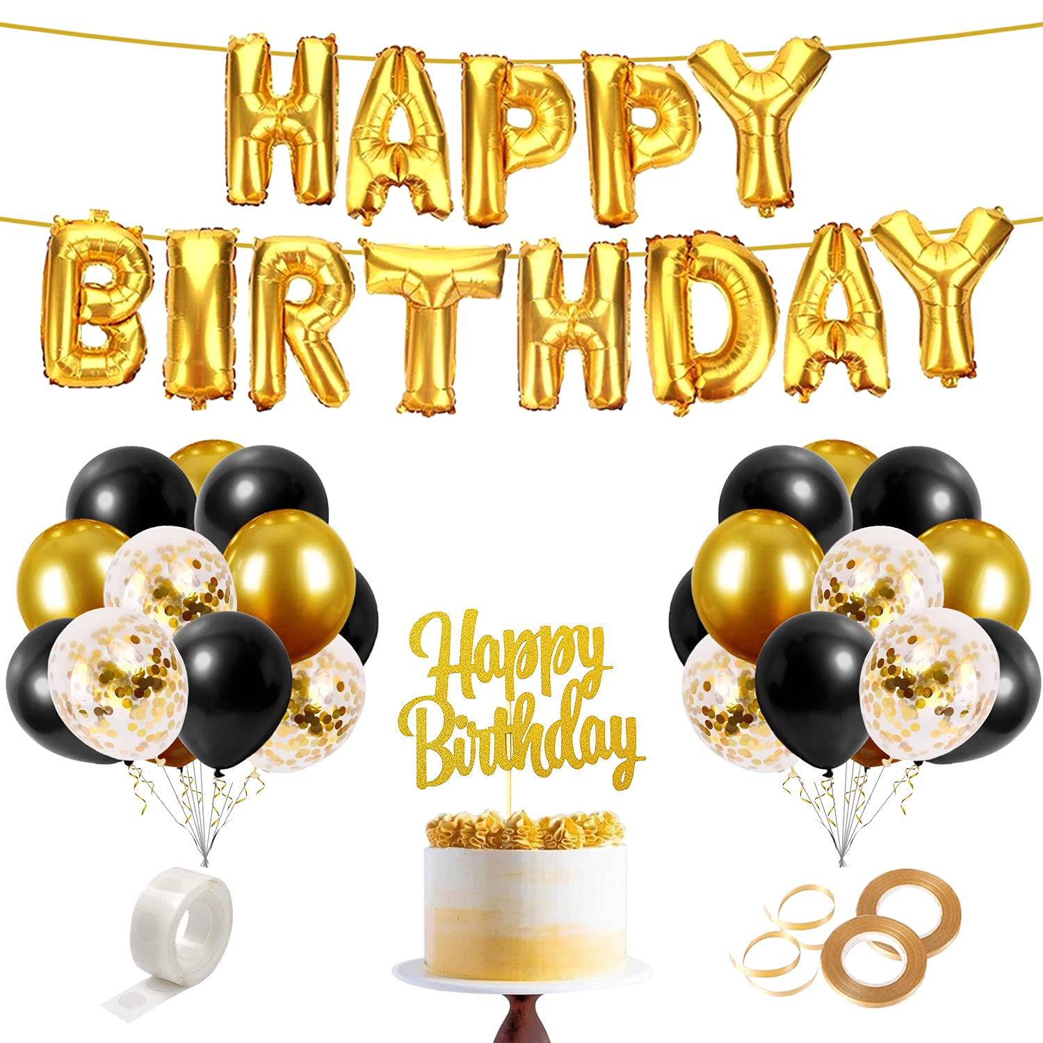 Zyozique Golden Black Birthday Decorations-Include Aluminum Foil Balloon with “Happy birthday” Letter, Cake Topper, Confetti balloon, Glue Dot, Ribbon and Balloons (Pack of 30)-image-25