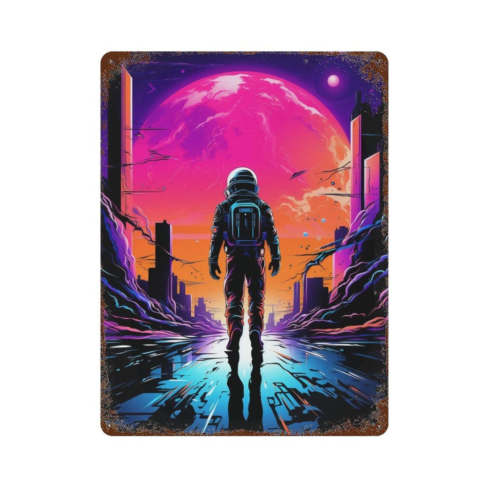 Weathered Tin Sign Space Cityscape with Astronaut -1 15.7"x11.8", Novelty Wall Decor for Basement, Hobby Room And Garage Decor