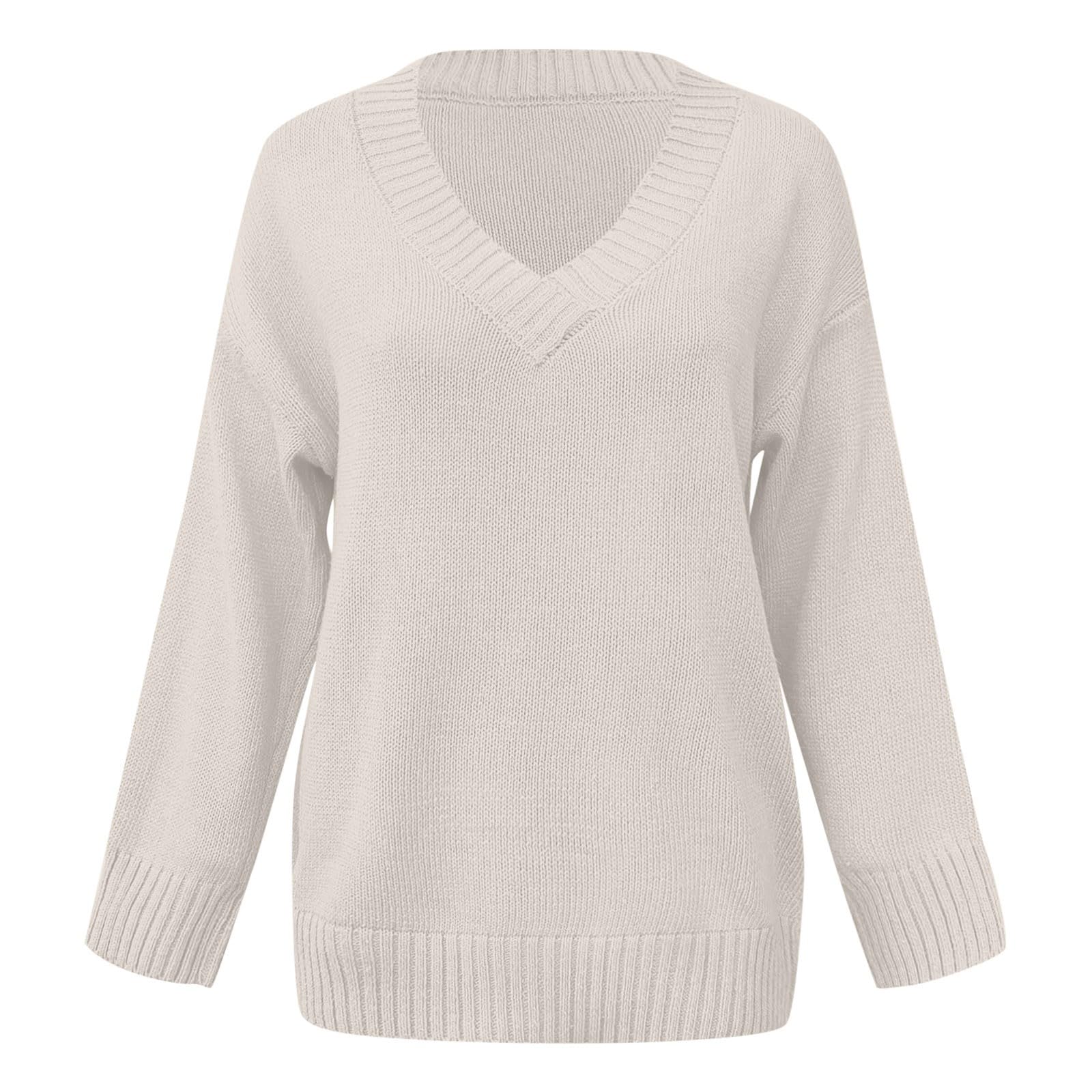 Pullover Damen V Ausschnitt - Strickpullover Damen Elegant Einfarbig Pulli Strick Shirt Langarm Sweater Herbst Winter Oberteile Langarmshirt Bluse Tops Strickpulli für Frauen Teenager Mädchen