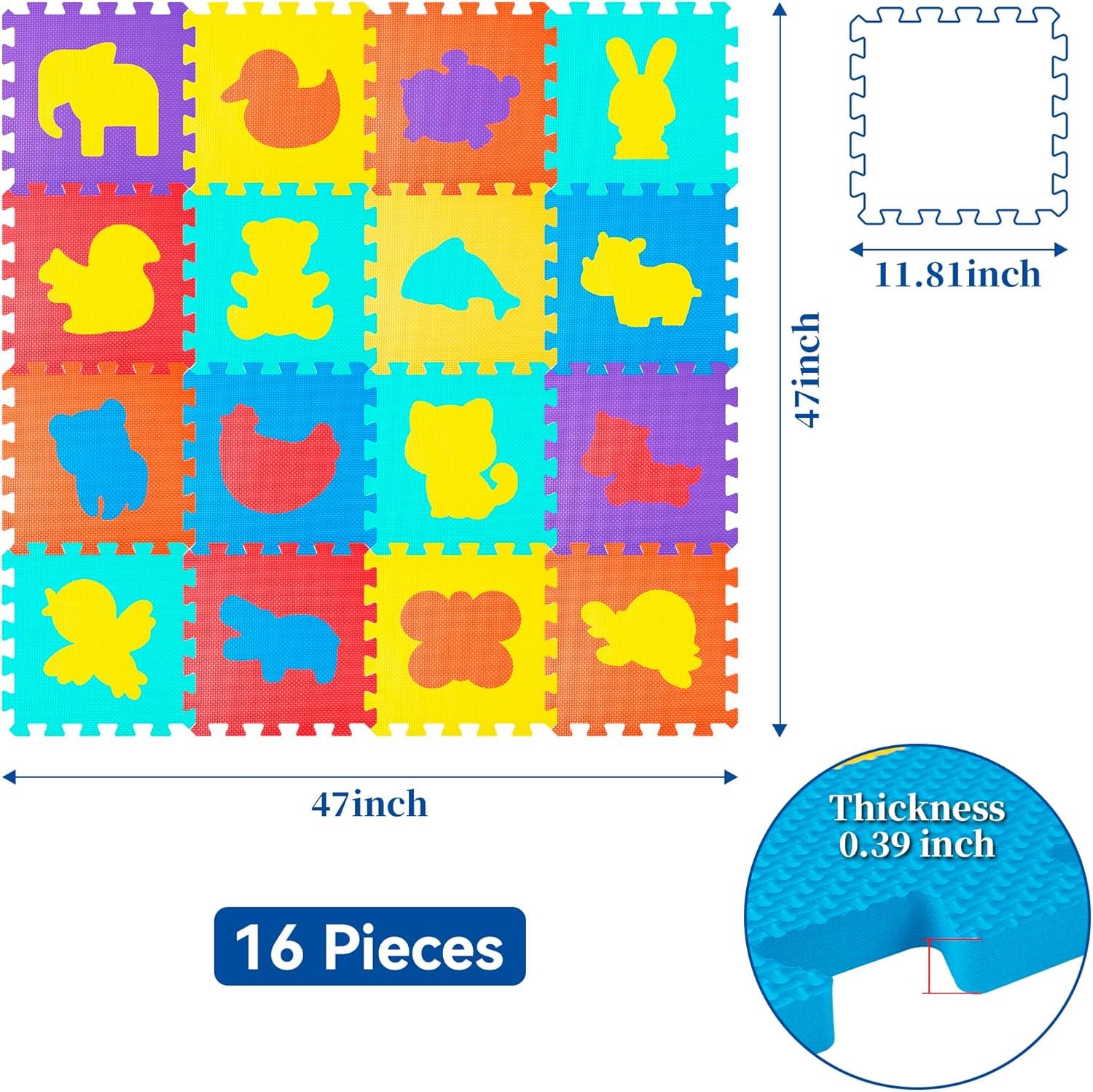 Baby Spielmatte 16 Teile (120x120 cm) – Sichere & Lernfördernde Eva-Schaumstoffmatte | Tiermotive | rutschfest | Wasserfest | Für Zuhause & Kita (Tierdesign)