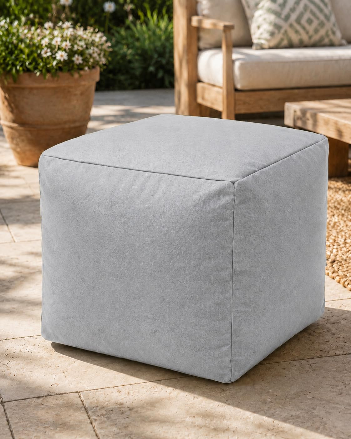 INSAFIANS Waterproof Bean Bag Footstool Square Pouffe Outdoor Ottoman for Garden & Living Room (Silver)