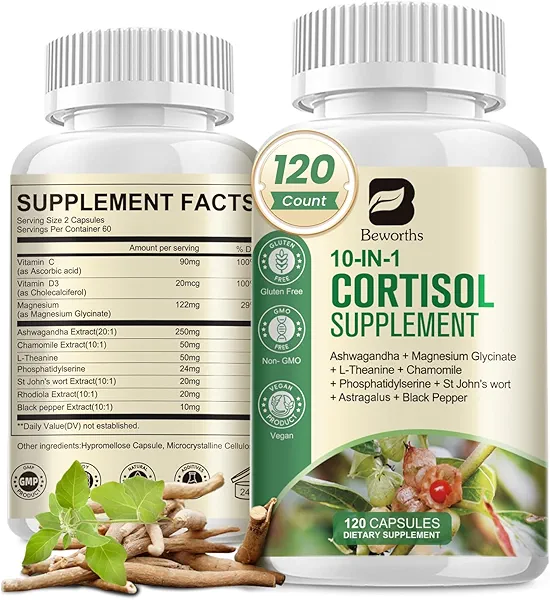 B BEWORTHS Cortisol Supplements for Women Men, 10-in-1 Cortisol Detox with Ashwagandha, Magnesium, L-Theanine, Balanced Cortisol Levels, Night & Calm Support, 120 Vegan Capsules