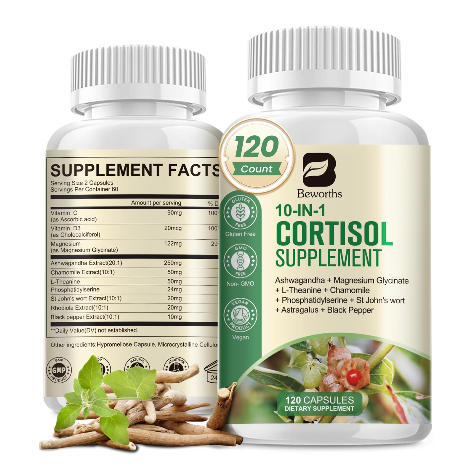 Cortisol Supplements for Women Men, 10-in-1 Cortisol Detox with Ashwagandha, Magnesium, L-Theanine, Balanced Cortisol Levels, Night & Calm Support, 120 Vegan Capsules