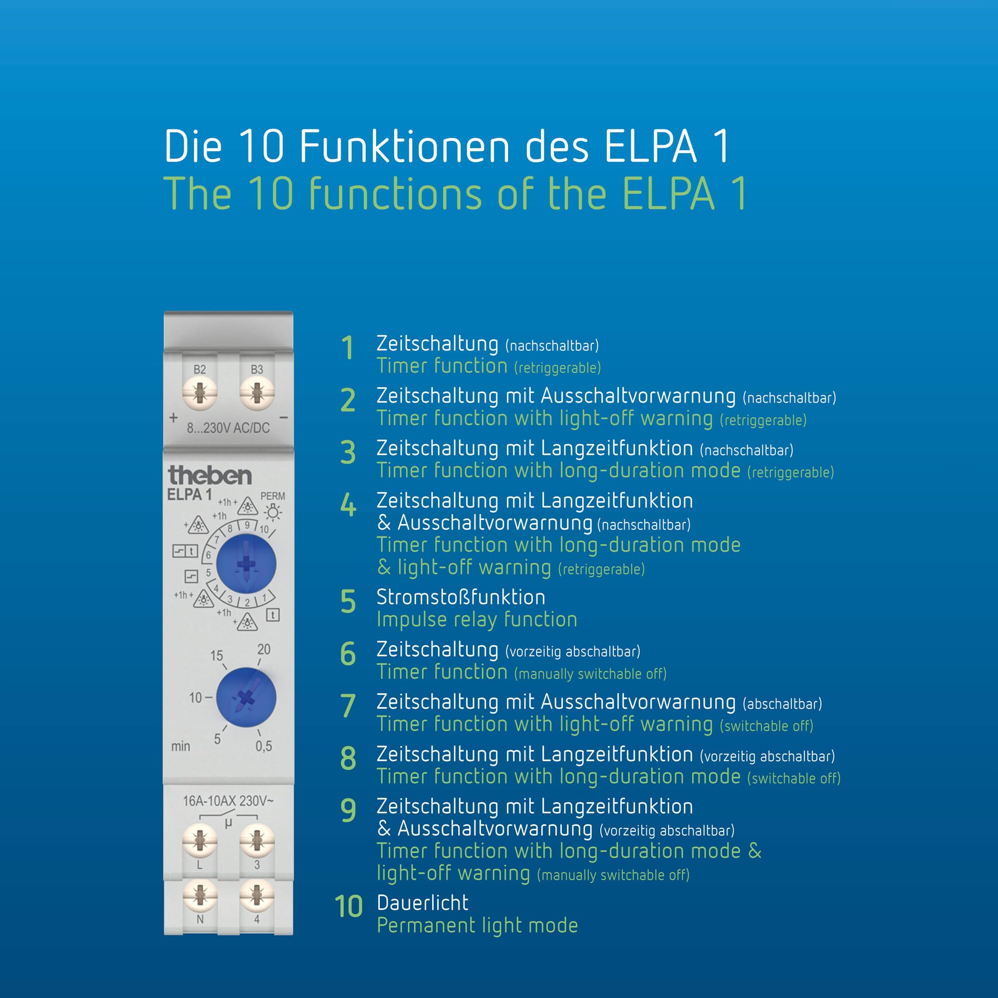 Theben 0010002 ELPA 1 temporizzatore luci scale elettronico guida DIN | 0,5 - 20 min, 600 W LED, 10 funzioni, preavviso di spegnimento, multitensione, riattivabile subito, spegnimento anticipato