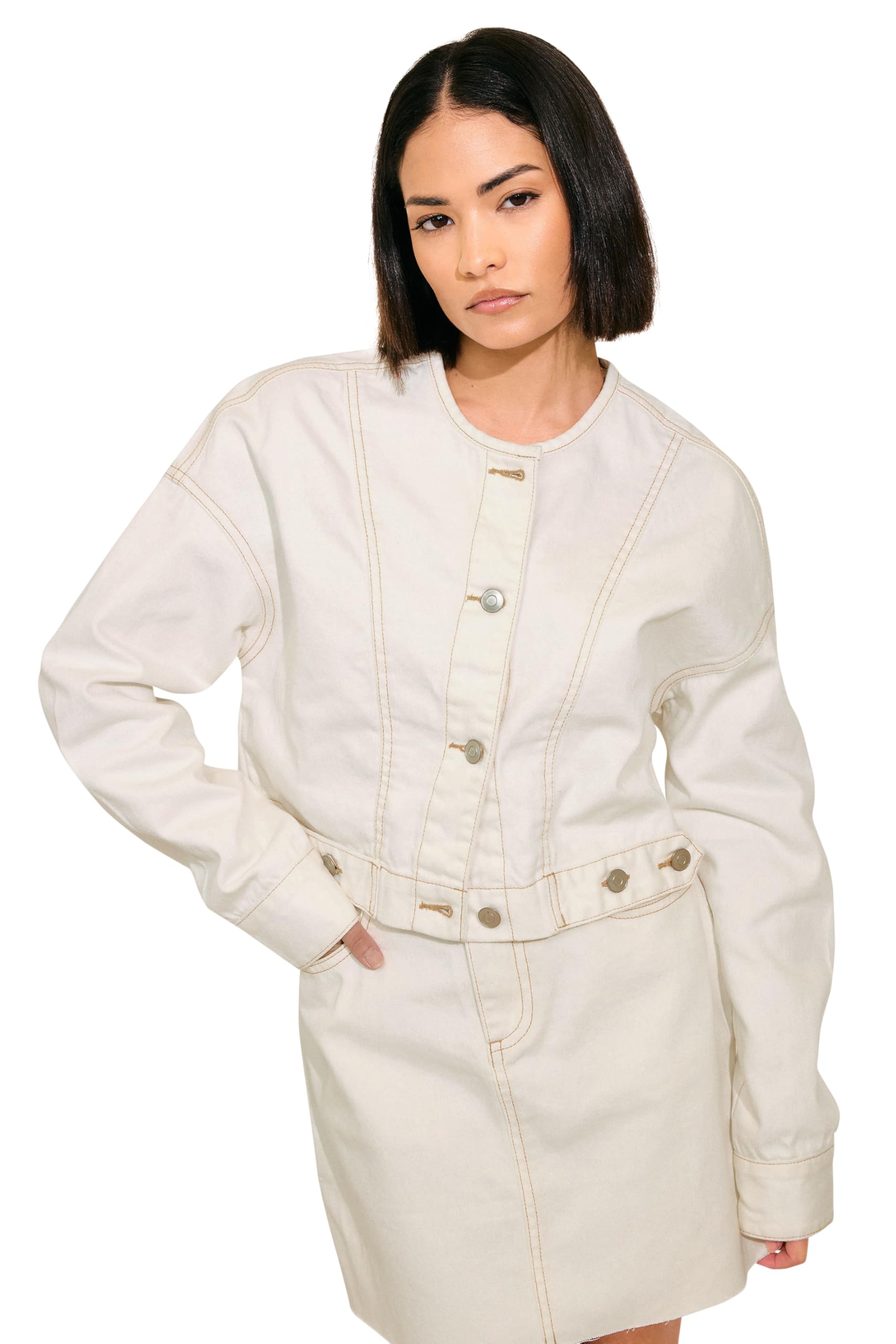 Pixiegirl Women's Cream Petite Denim Contrast Stitch Collarless Jacket Size 14