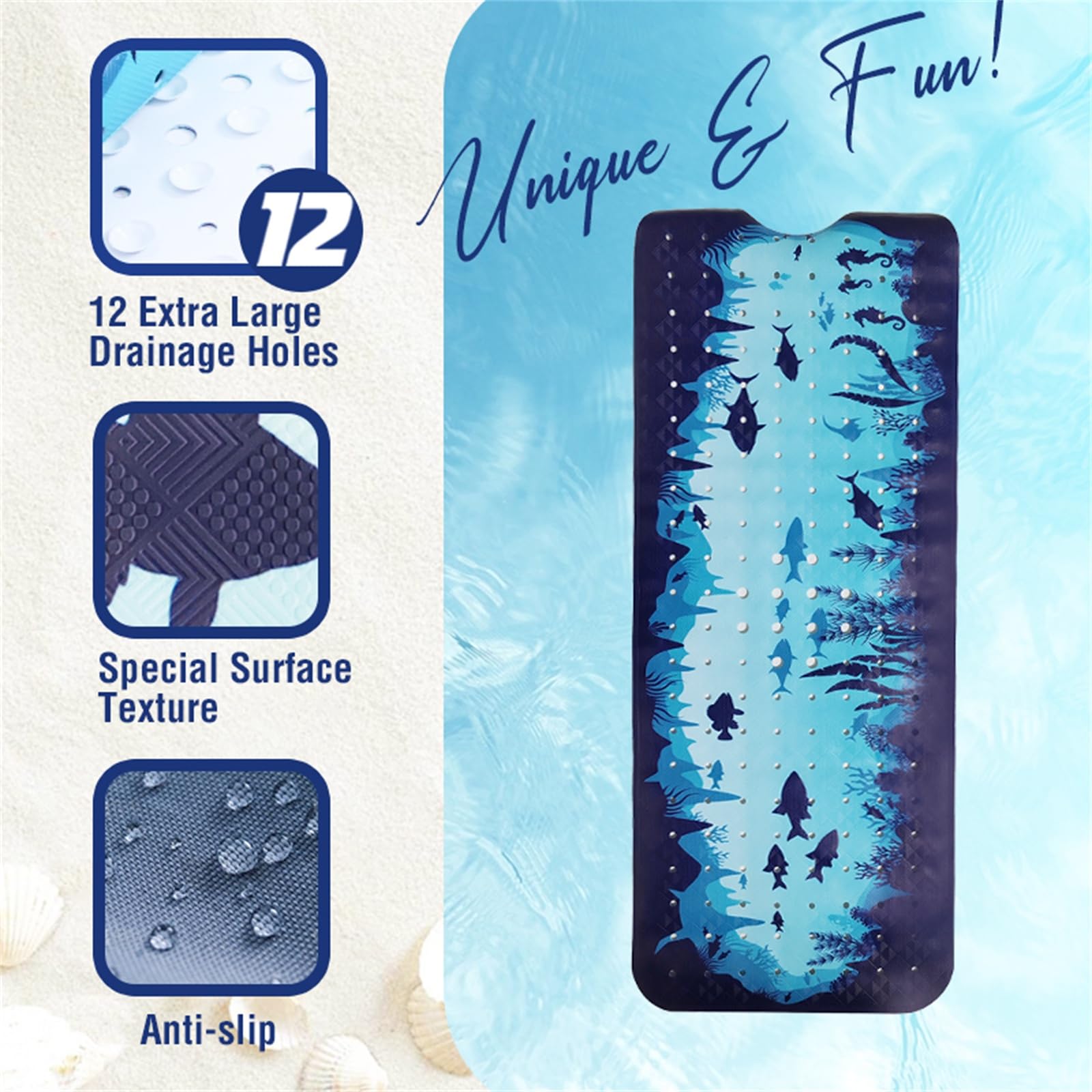 Blue Bathtub Mat Non Slip 40x16in Extra Long Bath Mat for Tub Funny Cute Ocean Animals Anti Slip Shower Mat for Bathroom with Large Drain Holes and Suction Cups Bath Mats and Bathtub Decor - Image 3