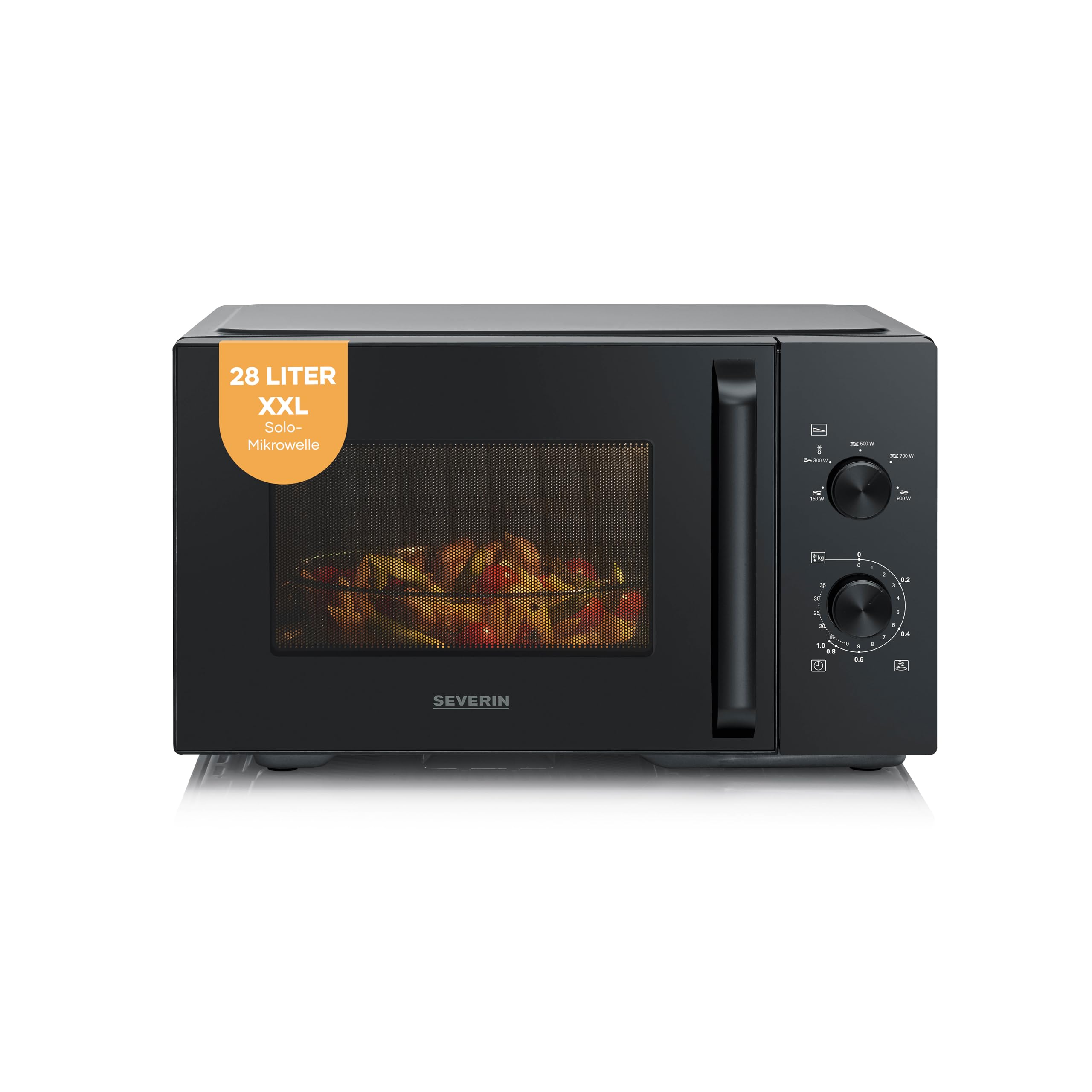 Severin Mikrowelle Solo, zum Auftauen und Erhitzen, XXL Innenraum, 28 L, Mikrowellengerät mit herausnehmbaren Glasdrehteller, 5 Leistungsstufen, 35-Minuten-Timer, 900 W, schwarz, MW 7796