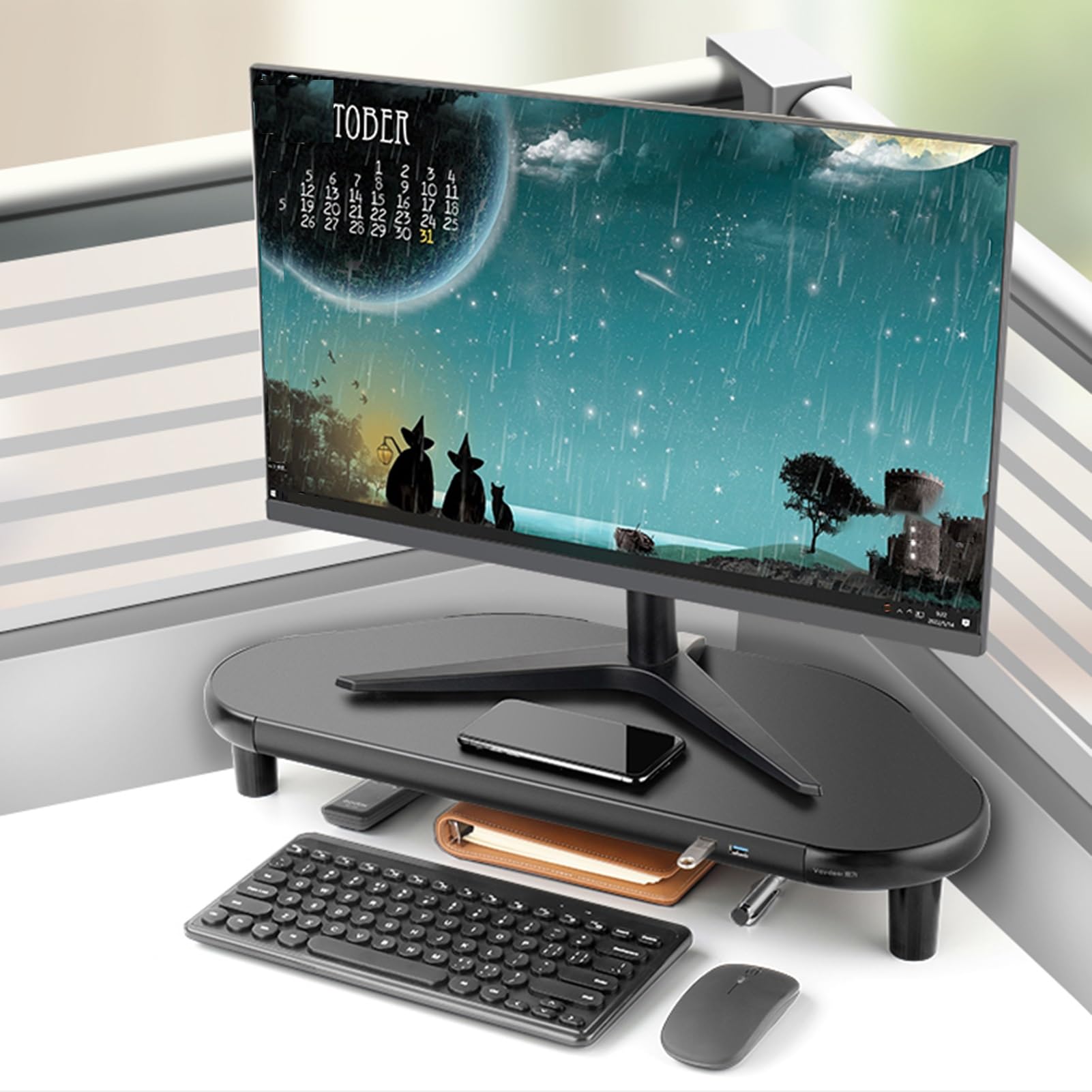 Supporto per Monitor angolare Nero con Supporto per Schermo USB, Supporto da scrivania angolare per Tablet/Cellulare/Monitor, Organizer ergonomico per scrivania da uffici