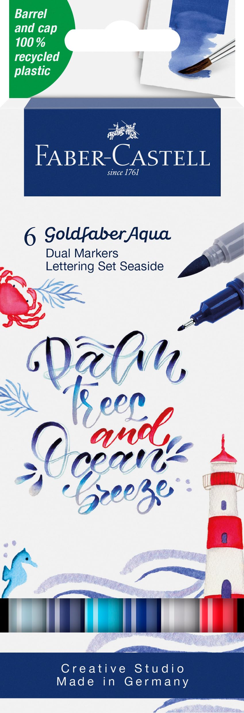 Faber-Castell Goldfaber Aqua 164519 Dual Marker, Sea, with Brush Tip and Fineliner Tip, Pack of 6