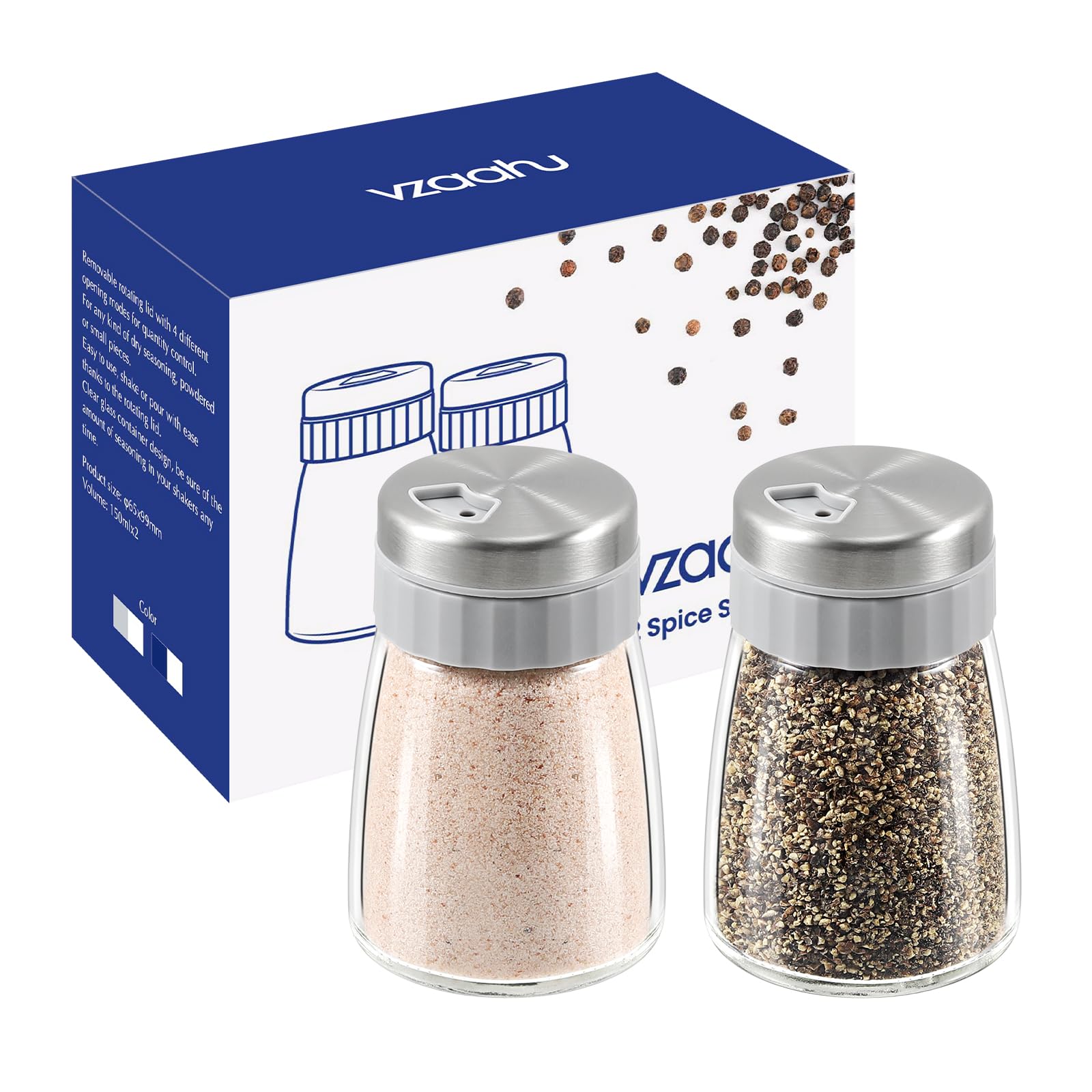 Vzaahu Salt and Pepper Shakers Set,3 Different Pour Options,Dishwasher Safe,Modern Stainless Steel and Glass Dispenser,Detachable,Grey