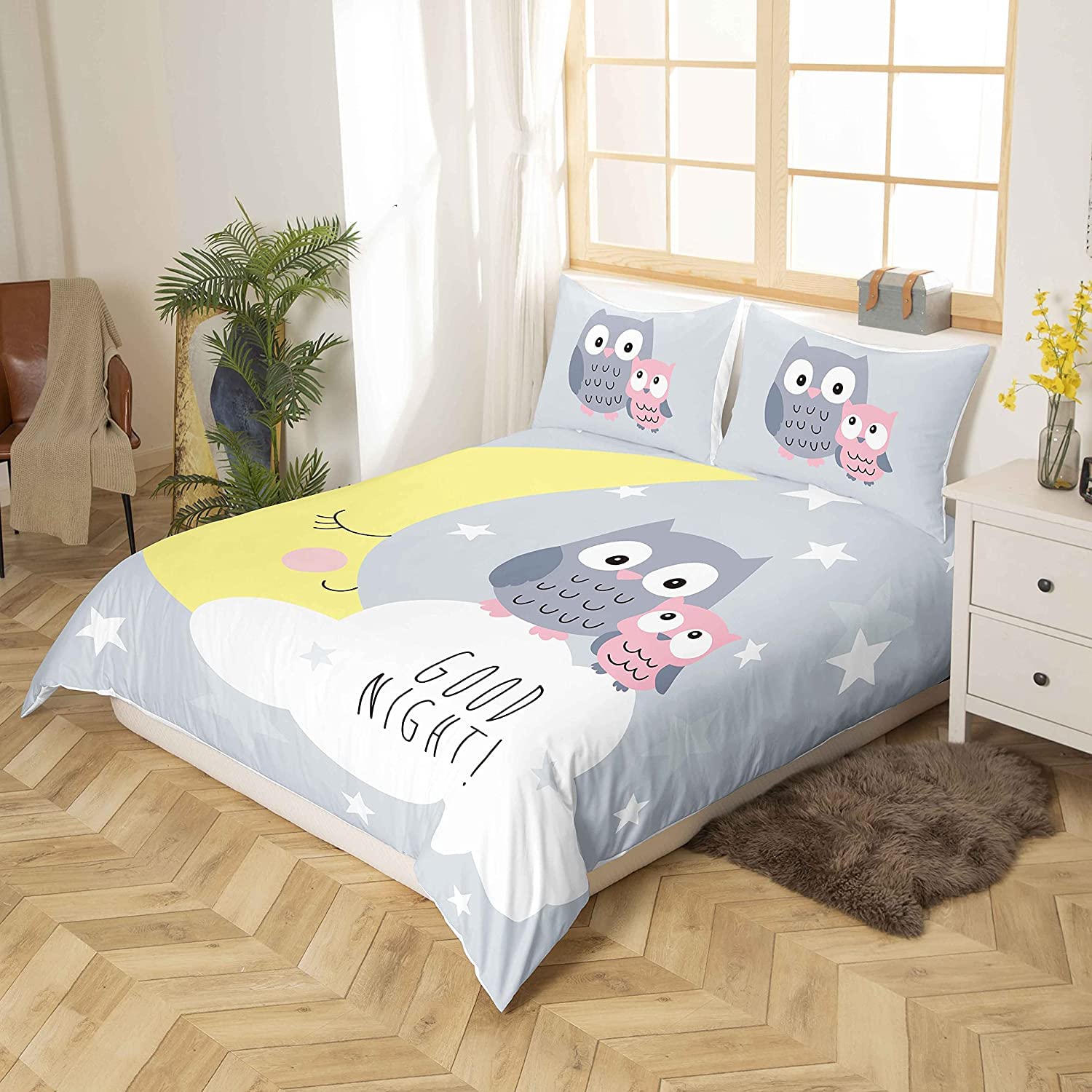 Homemissing 3D Animal Bedding & Linen Cartoon Owls Bedding Set for Boys Girls Kids Owl Duvet Cover Moon Stars Bedding & Linen King Size Quilt Cover 3Pcs - Image 2
