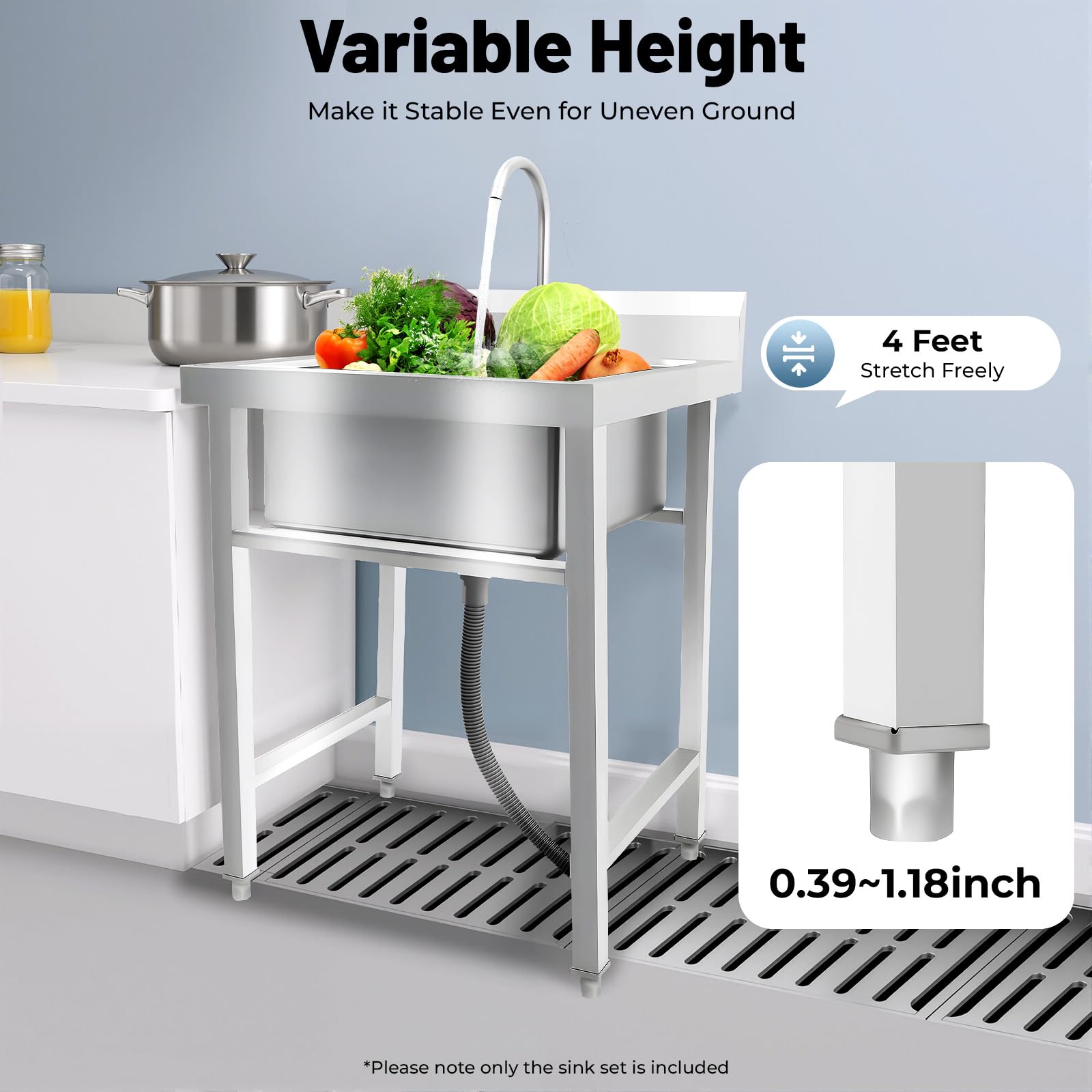 Edelstahl Küchenspüle, 60 × 60 × 93cm Freistehende Spüle mit unterschrank, Wasserfall-Spülbecken mit 360° Drehbarer Wasserhahn und Wabenförmiger Sprudler, Mobiles Waschbecken für Außen, Innen, Küche
