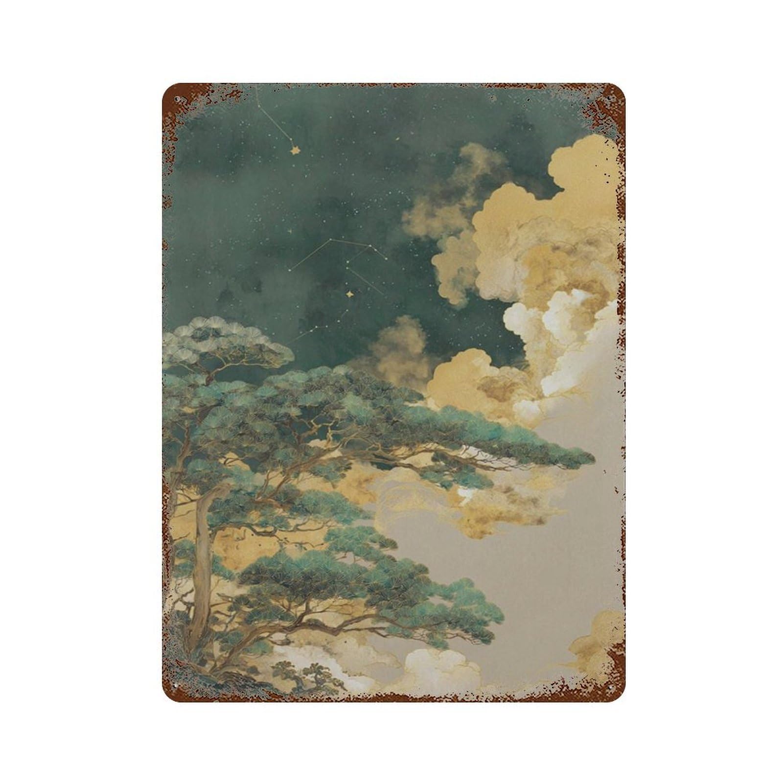 xiaoxiaoshen Night Sky Landscape Celestial Tree Japanese Style Nature Wall Decor Art Metal Tin Poster Modern Home Decor Art Home Bar Shop Decorations Vintage Sign 40x30cm