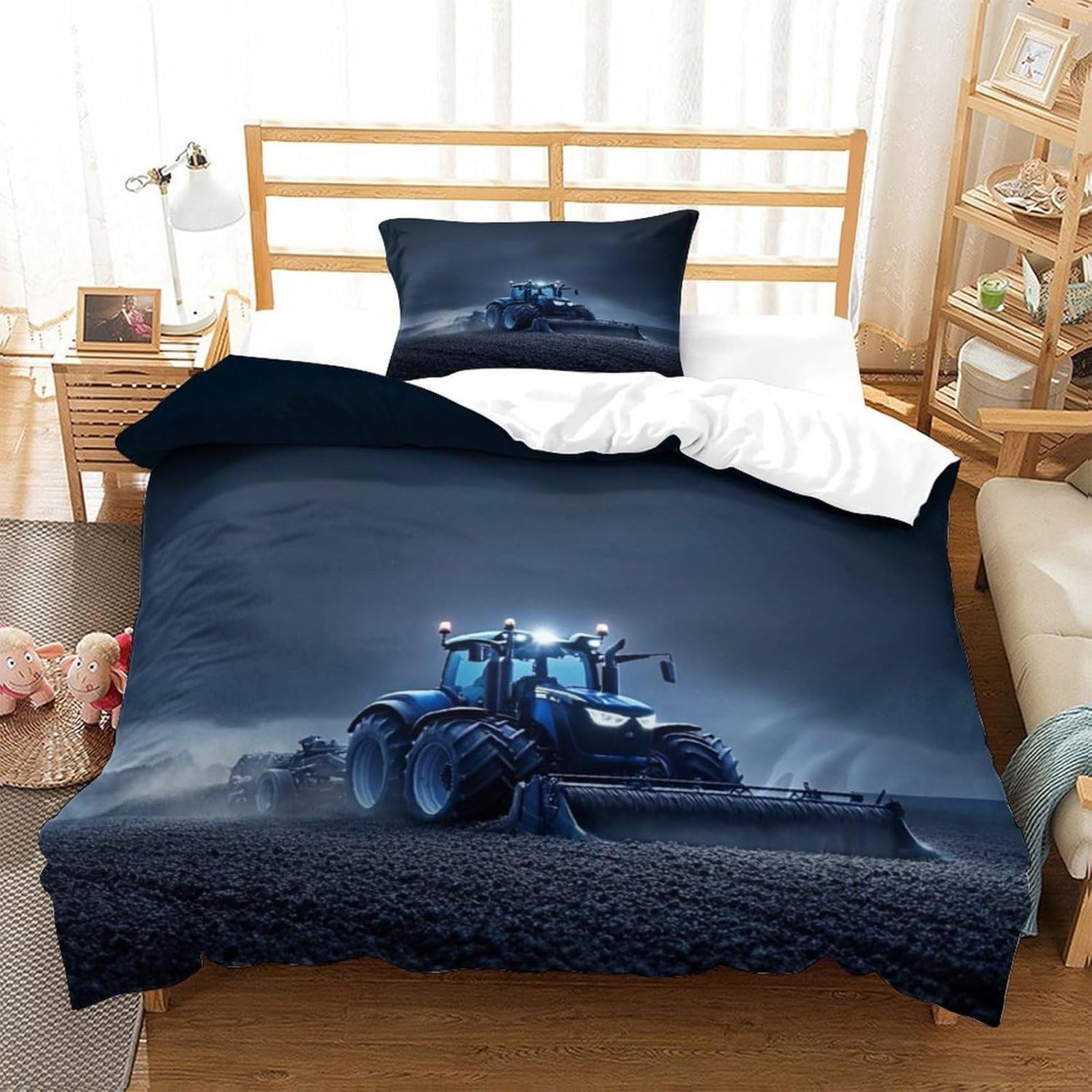 Bettwäsche 155x220 Blauer Traktor Bettwäsche-Set mit Reißverschluss Schließung und 2 Kopfkissenbezug 80x80 cm - Weicher Atmungsaktive Mikrofaser Bettbezug für Kinder Mädchen