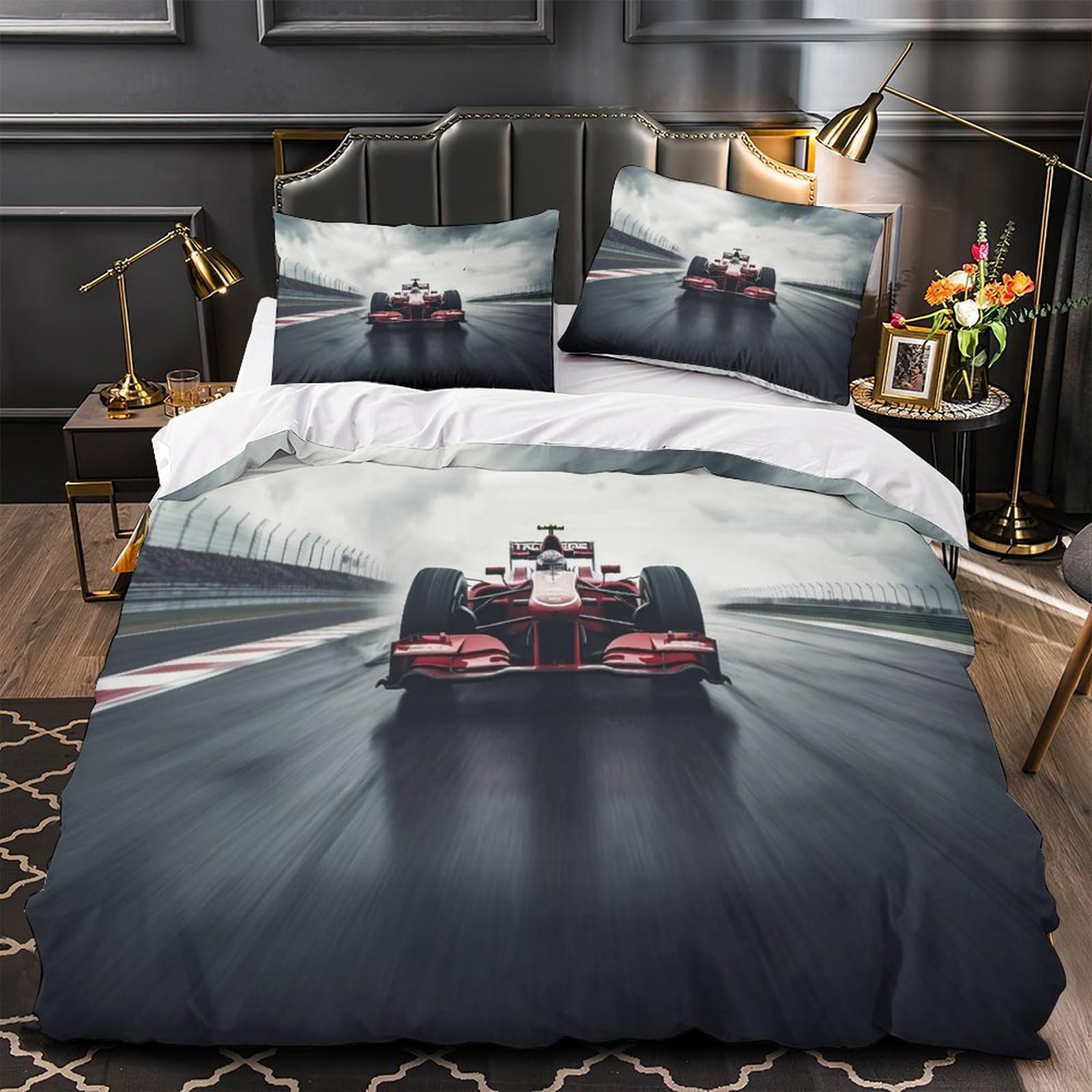Formula da corsa Copripiumino 3D Stampa Digitale Corsa F1 Set Copripiumino 3 Pezzi Microfibra Morbido Con Cerniera E Federe Set Di Biancheria Da Letto Per Bambini Double（200x200cm）