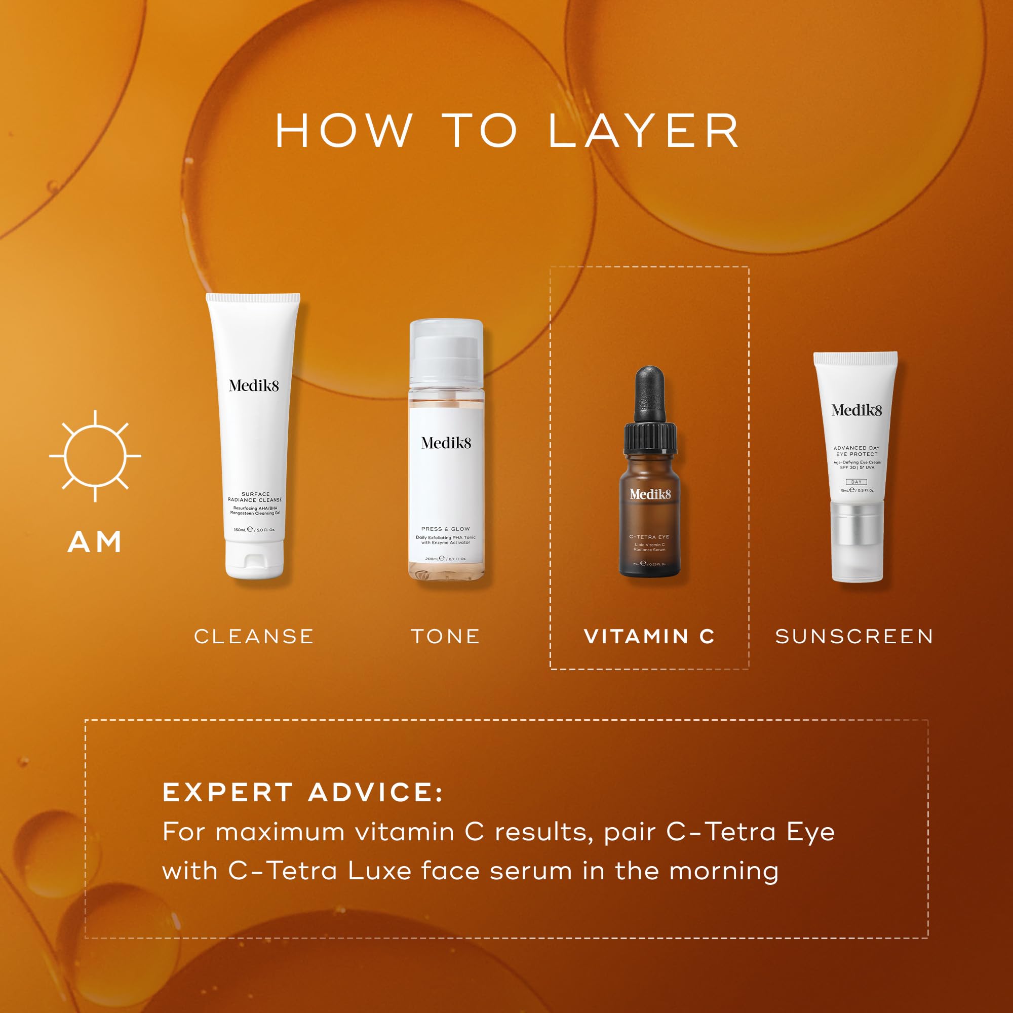 Medik8 C-Tetra Eye Serum - Lipid 14% Vitamina C Radiance Serum - Per occhi visibilmente più luminosi, lisci ed energizzati - 7 ml