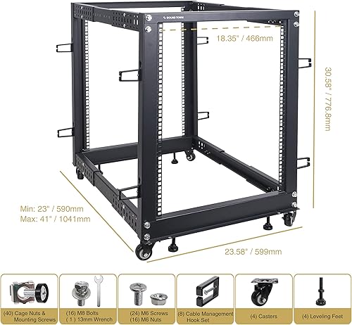 Miniatura 4 de Sound Town Rack de 4 postes de 15U de marco abierto y equipo de red con profundidad ajustable de 22 a 40 pulgadas, ruedas, niveladores, gestión de