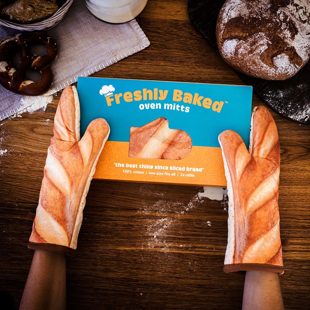 Firebox Brown/White Freshly Baked Bread Oven Mitts - Funny Oven Gloves