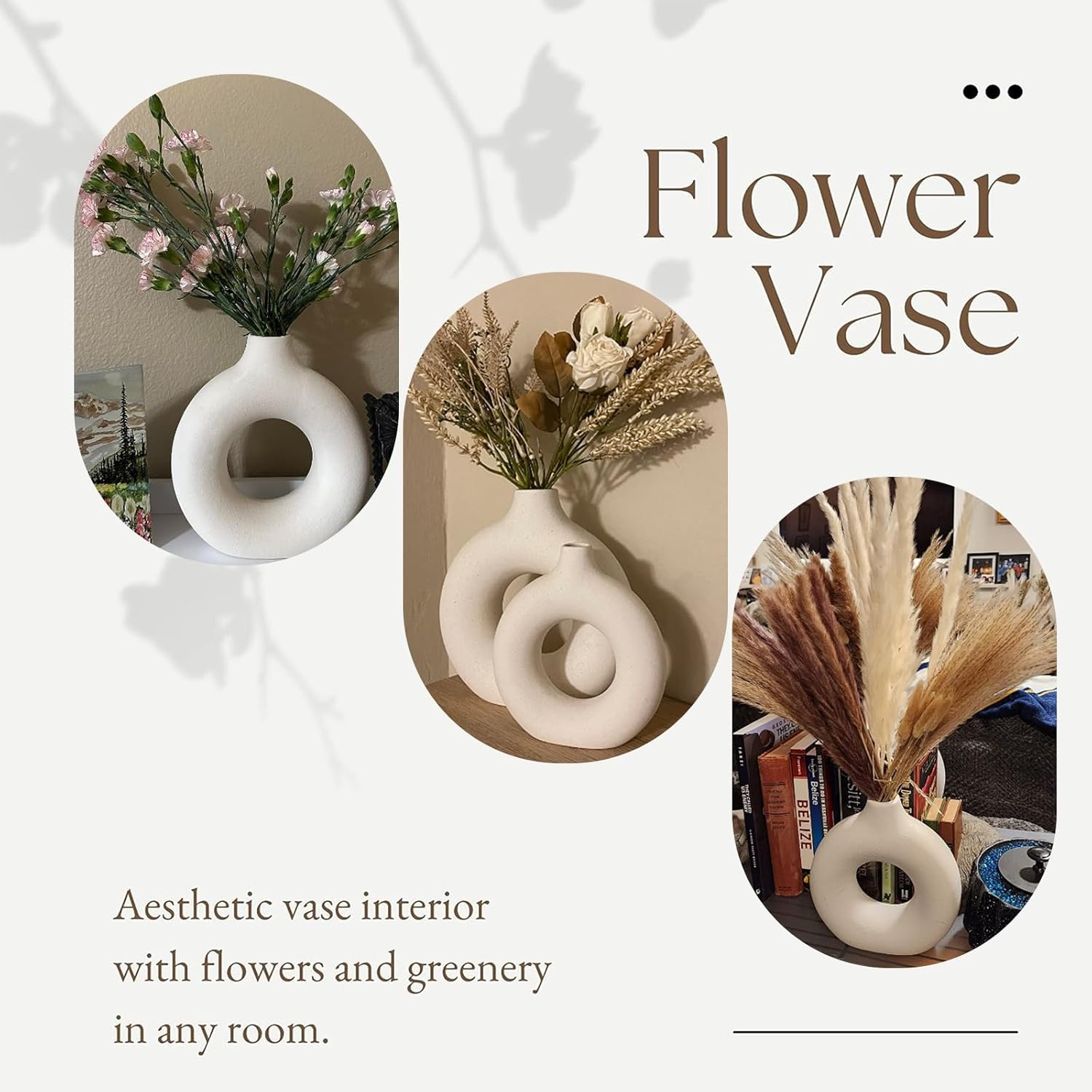 White Ceramic Donut Vase Set of 2, Big Hollow Round Matte Pampas Flower Vases for Boho Home Wedding Party Room Dinner Table Shelf Decor.